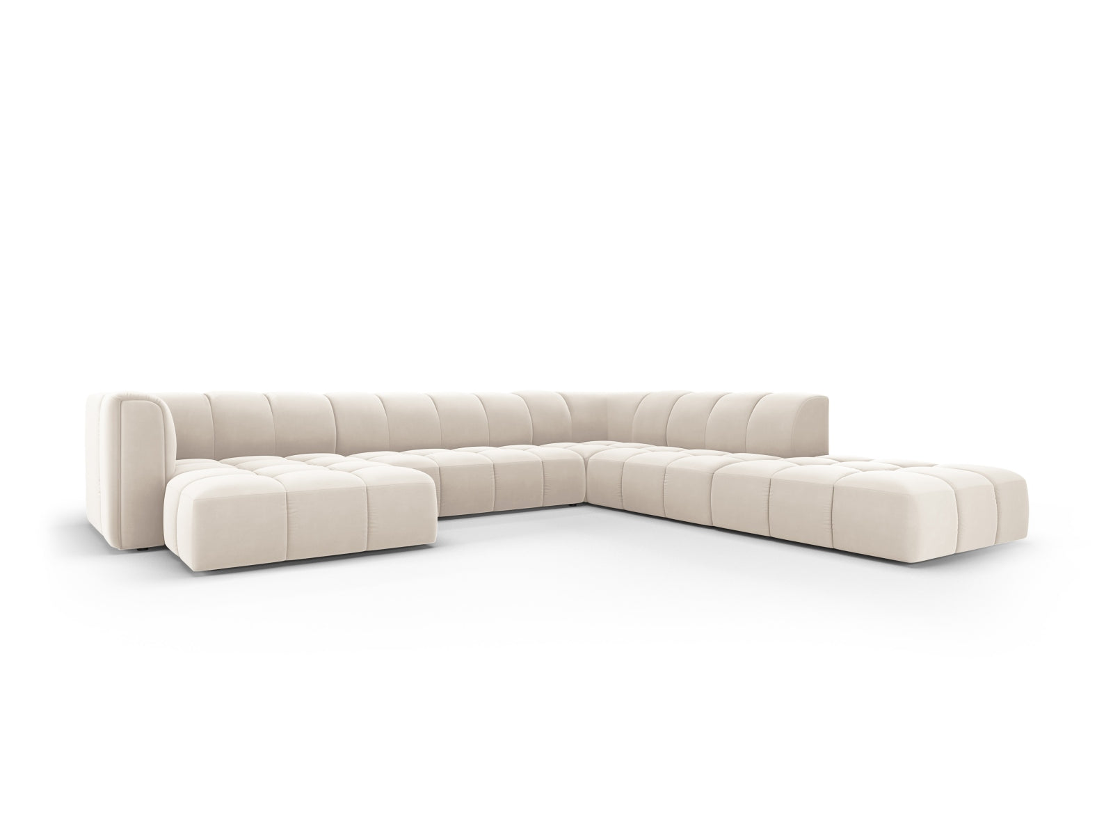 Elegantes 7-Sitzer Ecksofa Moritz in Light Beige-Bluvel, ideal für moderne Wohnräume, präsentiert sich in stilvollem Design und hoher Funktionalität.