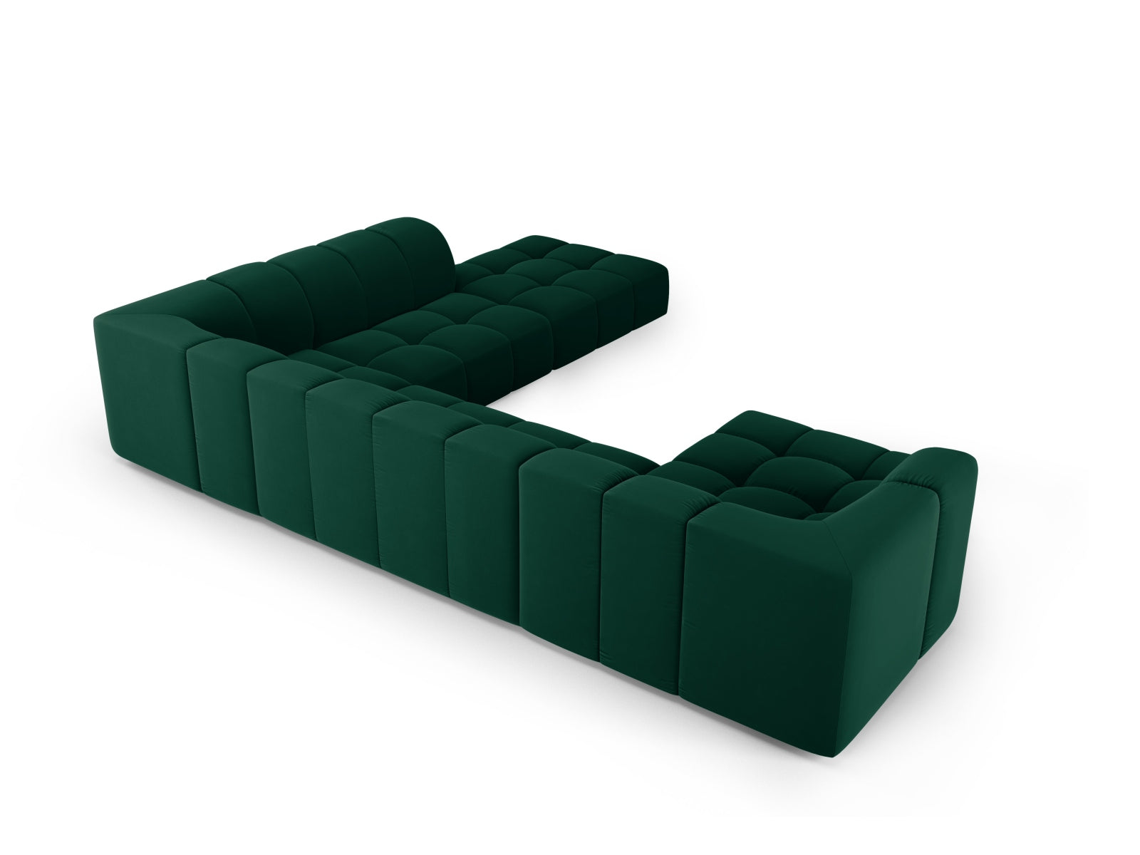 Modulares 7-Sitzer Ecksofa Moritz in edlem Bottle Green-Bluvel, perfekt für großzügige Wohnlandschaften und gemütliche Abende.
