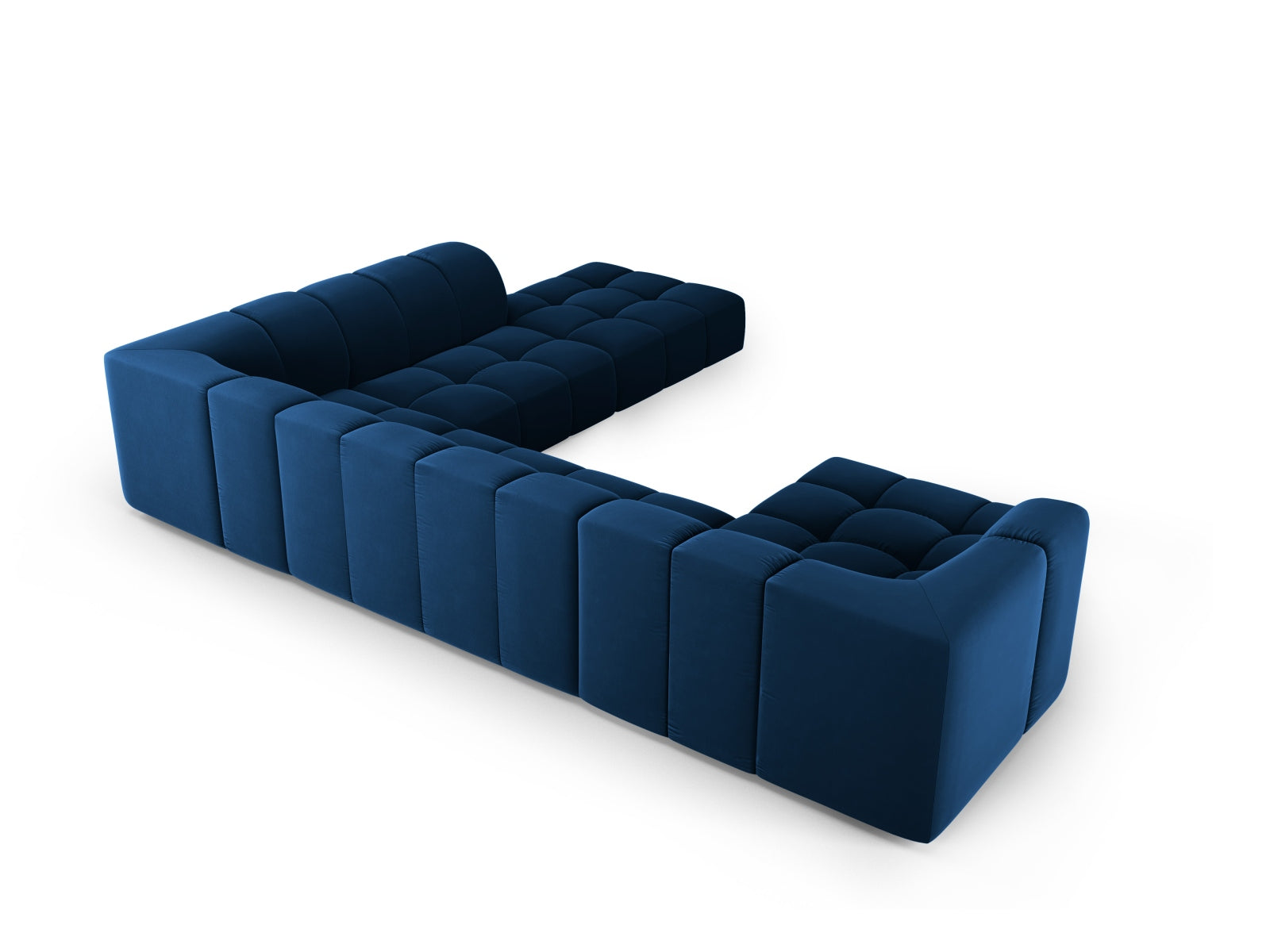 Geräumiges 7-Sitzer Ecksofa Moritz in Royal Blue-Bluvel, perfekt für gesellige Abende und stilvolle Einrichtung, bietet Komfort und Eleganz.