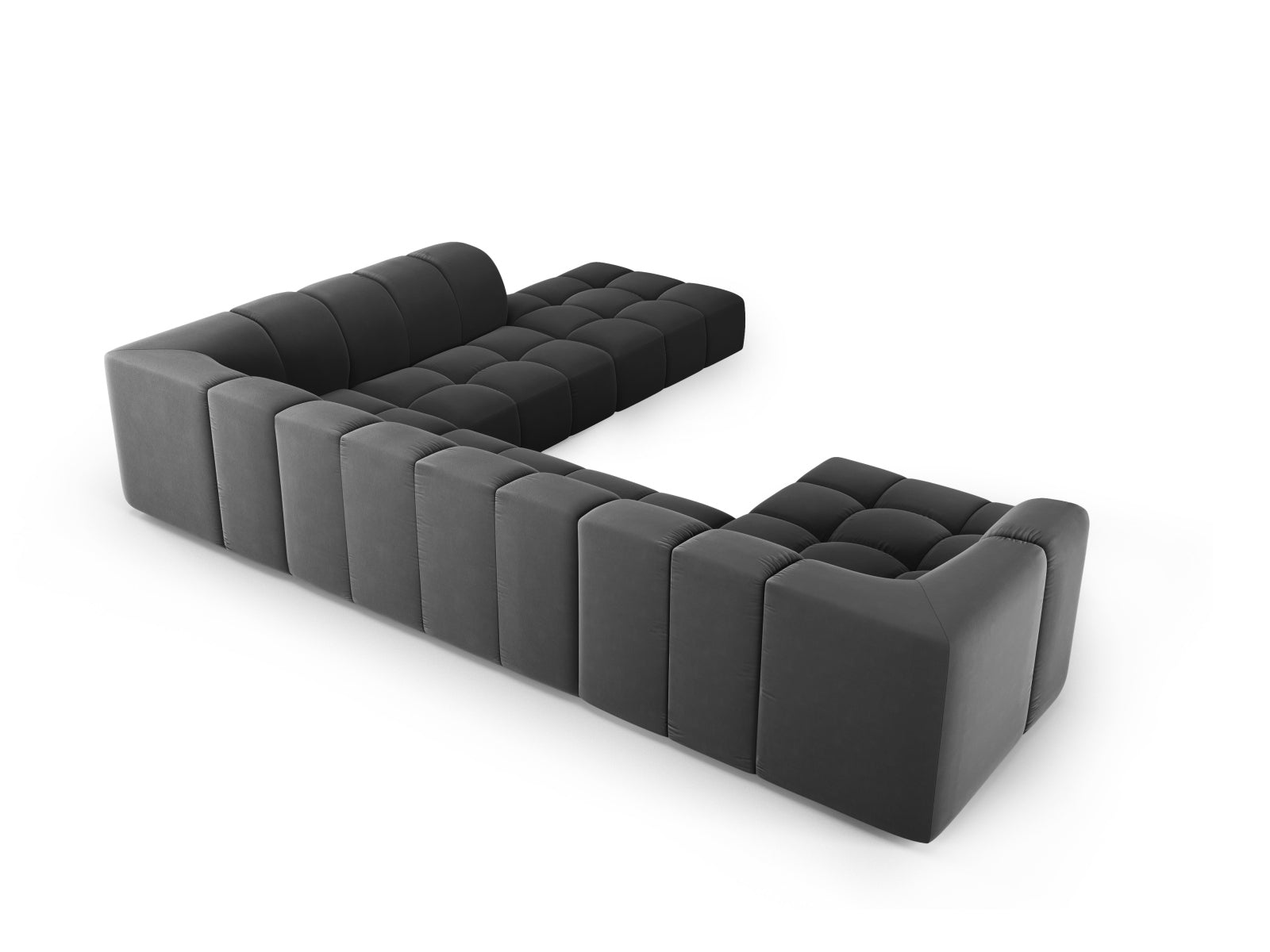 Modulares 7-Sitzer Ecksofa Moritz in Grey-Bluvel, perfekt für großzügige Räume, vereint Funktionalität und modernes Design für entspannte Stunden.