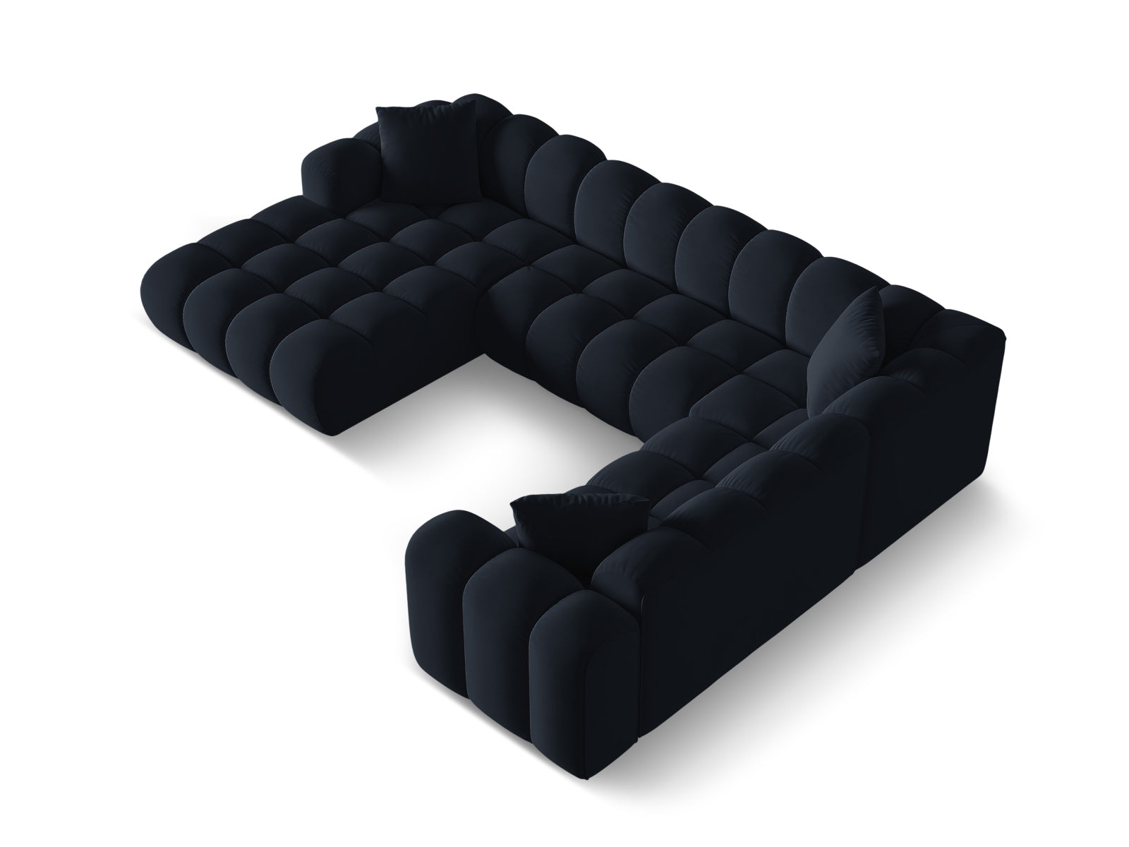 Elegantes 4-Sitzer Panoramic Ecksofa Treno in Dunkelblau, ideal für stilvolle Wohnräume, vereint Komfort und modernes Design.