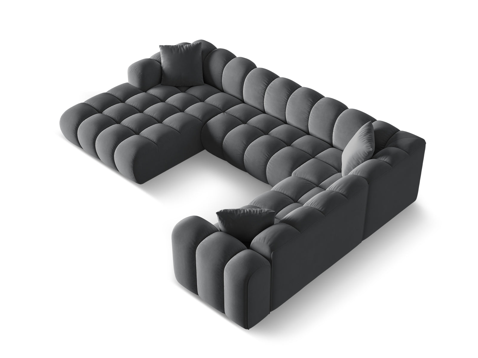 Elegantes 4-Sitzer Panoramic Ecksofa Treno in Grey-Bluvel, ideal für entspannte Abende und einladende Wohnräume.