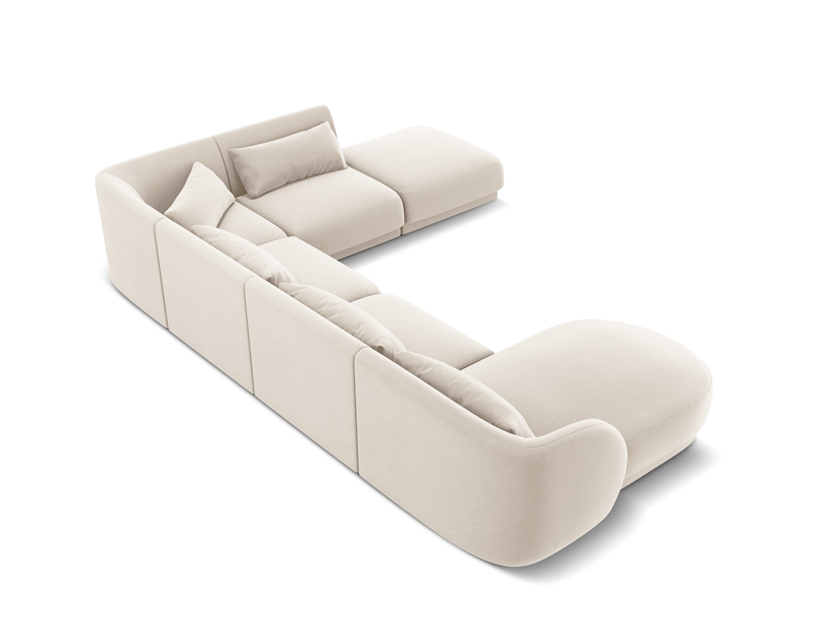 Elegantes Tulum Velour Panoramic Ecksofa in sanftem Beige, 6-Sitzer, ideal für stilvolle Wohnräume und entspannte Abende.