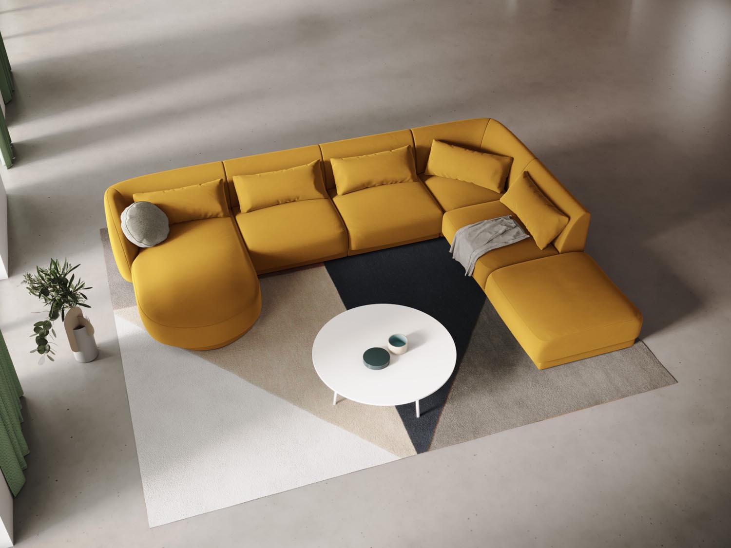 Elegantes Tulum Velour Panoramic Ecksofa in Gelb-Blau, 6-Sitzer, 255 cm, ideal für stilvolle Wohnräume.