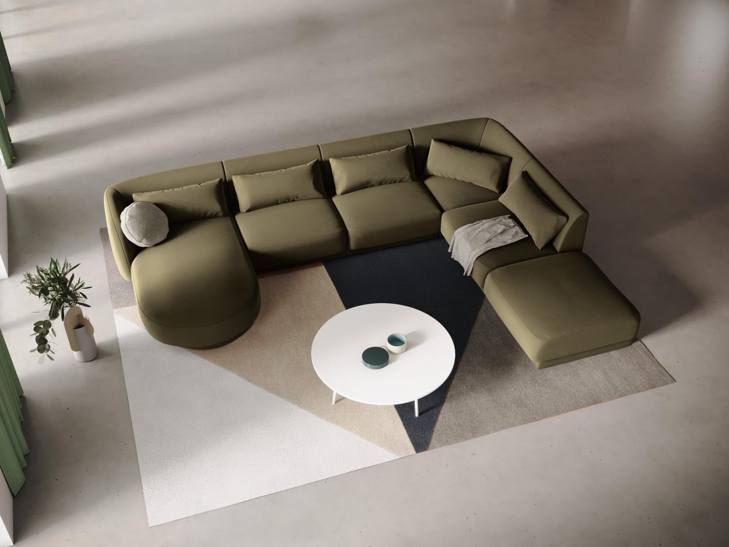 Elegantes Tulum Velour Panoramic Ecksofa in Green-Bluvel, ideal für stilvolle Wohnräume, bietet Platz für bis zu 6 Personen.