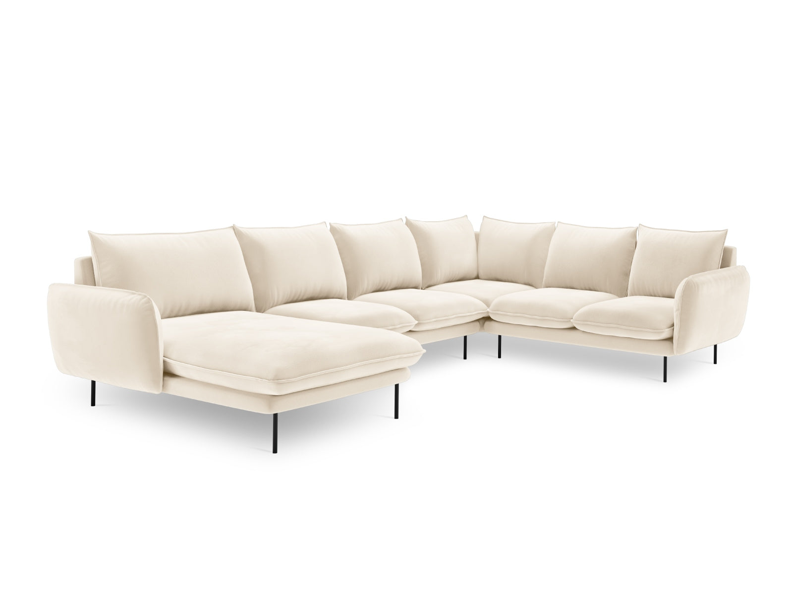 Modernes 7-sitziges Ecksofa in Light Beige und Schwarz-Bluvel, perfekt für gemütliche und stilvolle Wohnzimmergestaltung.