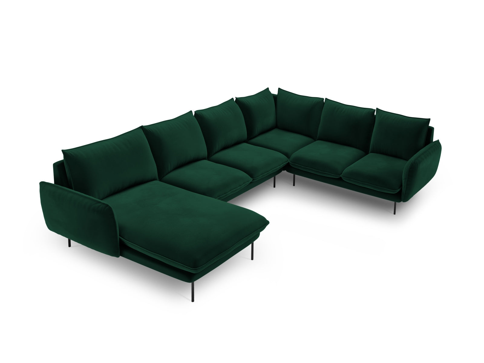 Entdecken Sie das elegante Vienna Velour Panoramic Ecksofa rechts – ein 7-Sitzer mit luxuriösem Veloursbezug, ideal für gesellige Abende.