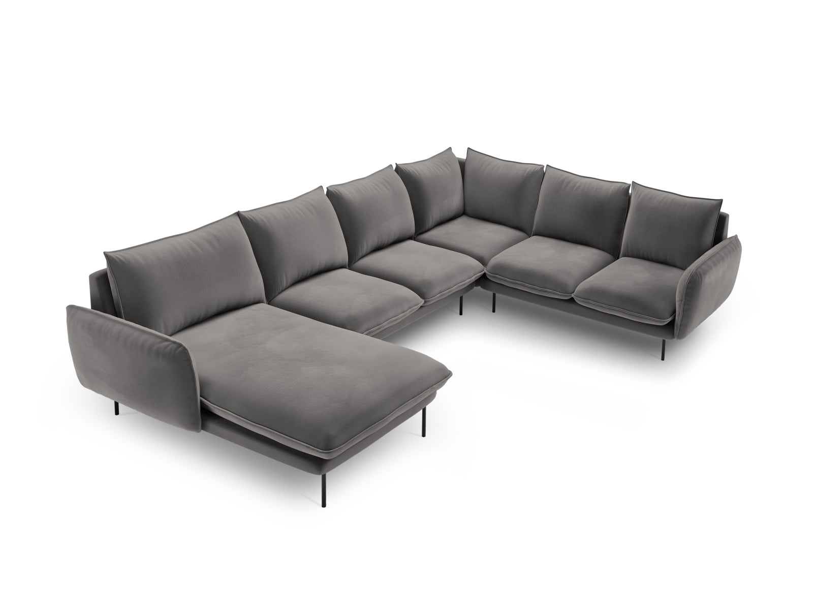 Erleben Sie das stilvolle Vienna Velour Panoramic Ecksofa rechts – ein 7-Sitzer mit hochwertigem Velours, perfekt für entspannte Stunden und gesellige Treffen.