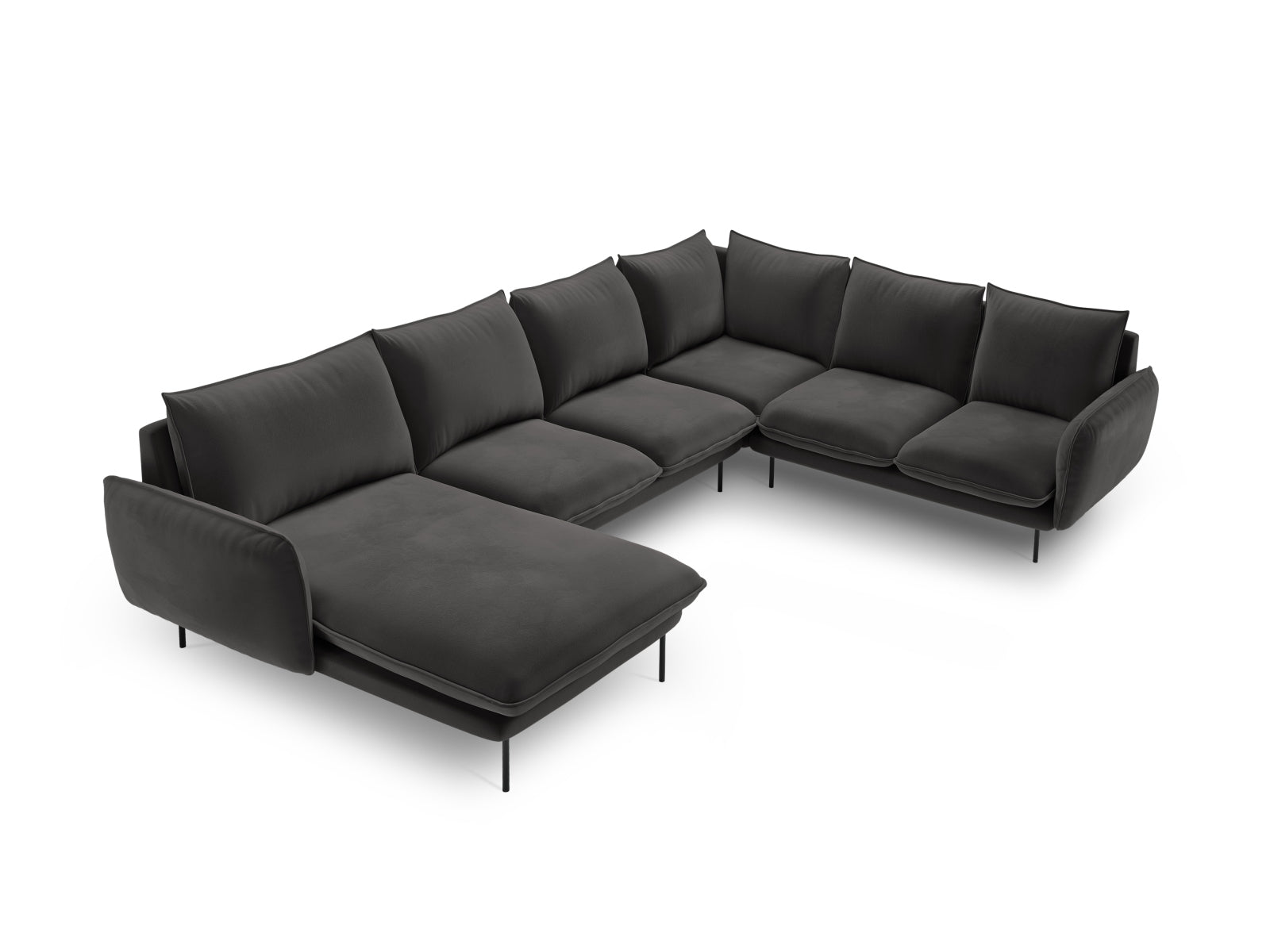 Entdecken Sie das elegante Vienna Velour Panoramic Ecksofa rechts – ein 7-Sitzer mit luxuriösem Veloursbezug, ideal für Ihr modernes Wohnzimmer.