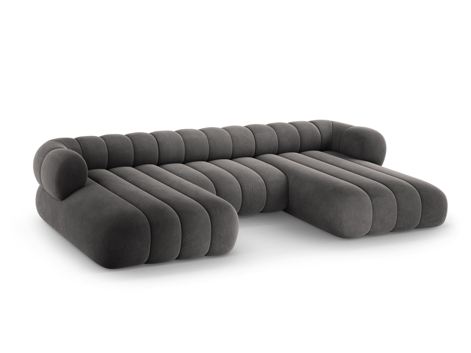 Stilvolles 6-Sitzer Koge Velour Panoramic Sofa in Grau, perfekt für gesellige Runden und modernes Wohndesign.