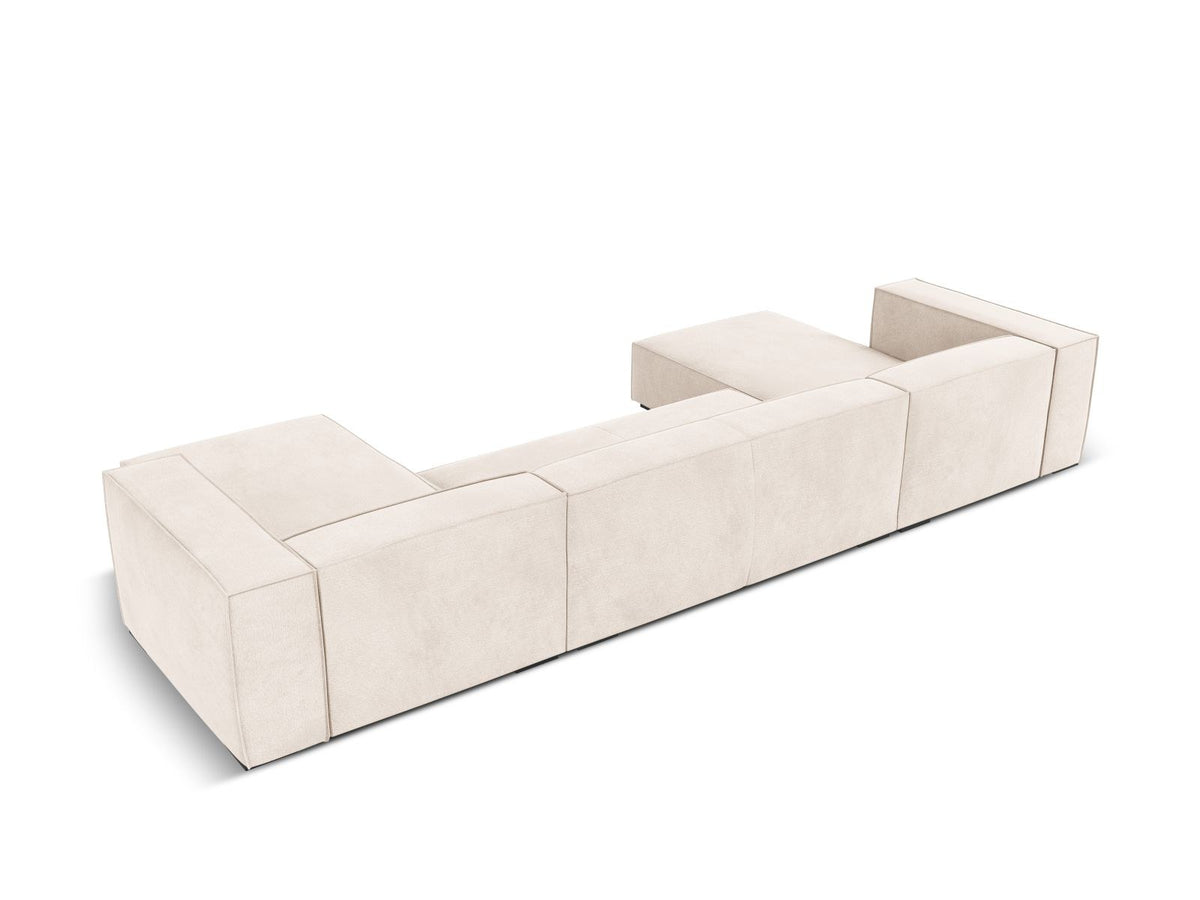 Terracotta-farbenes Panorama-Sofa mit Récamiere, Chenille-Bezug, schwarzen Buchenholzbeinen und Kiefer-Rahmen, sechs Sitzplätze.
