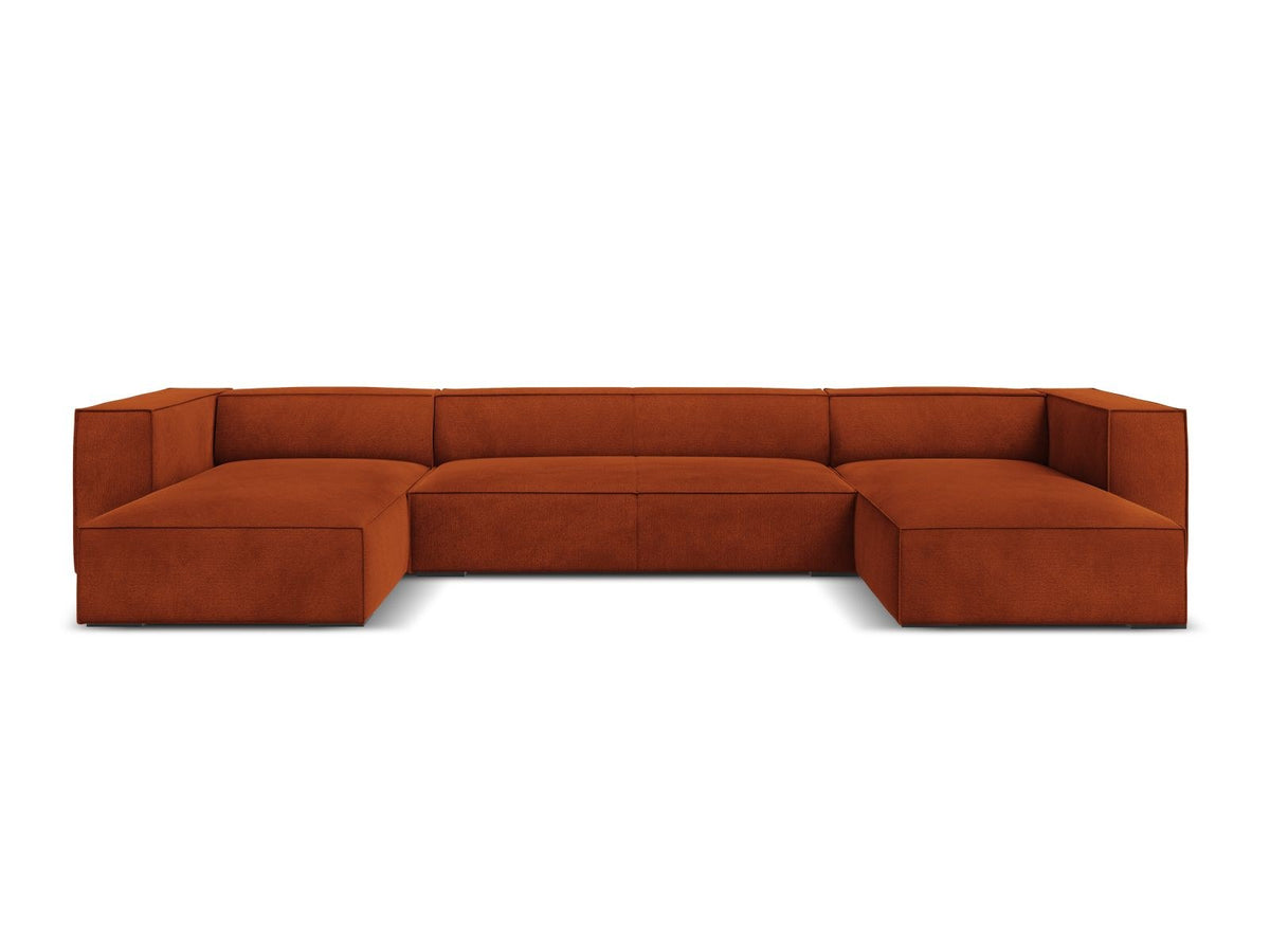 Terracotta-farbenes Panorama-Sofa mit Récamiere, Chenille-Bezug, schwarzen Buchenholzbeinen und Kiefer-Rahmen, sechs Sitzplätze.