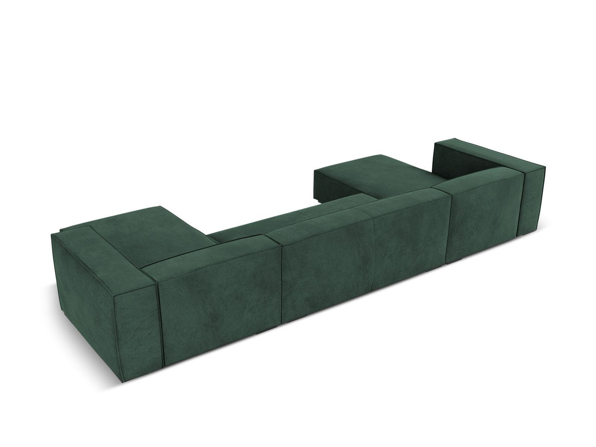 Terracotta-farbenes Panorama-Sofa mit Récamiere, Chenille-Bezug, schwarzen Buchenholzbeinen und Kiefer-Rahmen, sechs Sitzplätze.