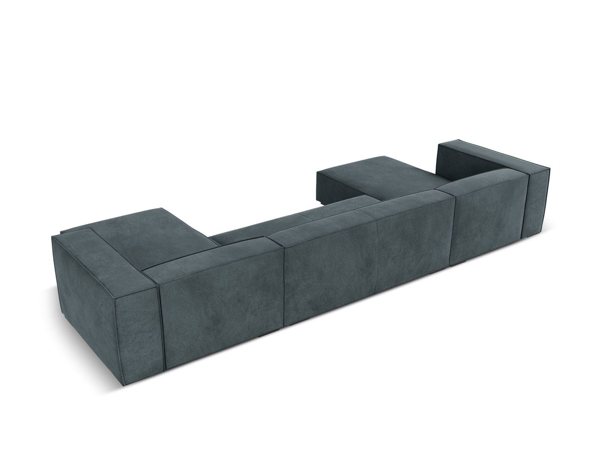 Terracotta-farbenes Panorama-Sofa mit Récamiere, Chenille-Bezug, schwarzen Buchenholzbeinen und Kiefer-Rahmen, sechs Sitzplätze.