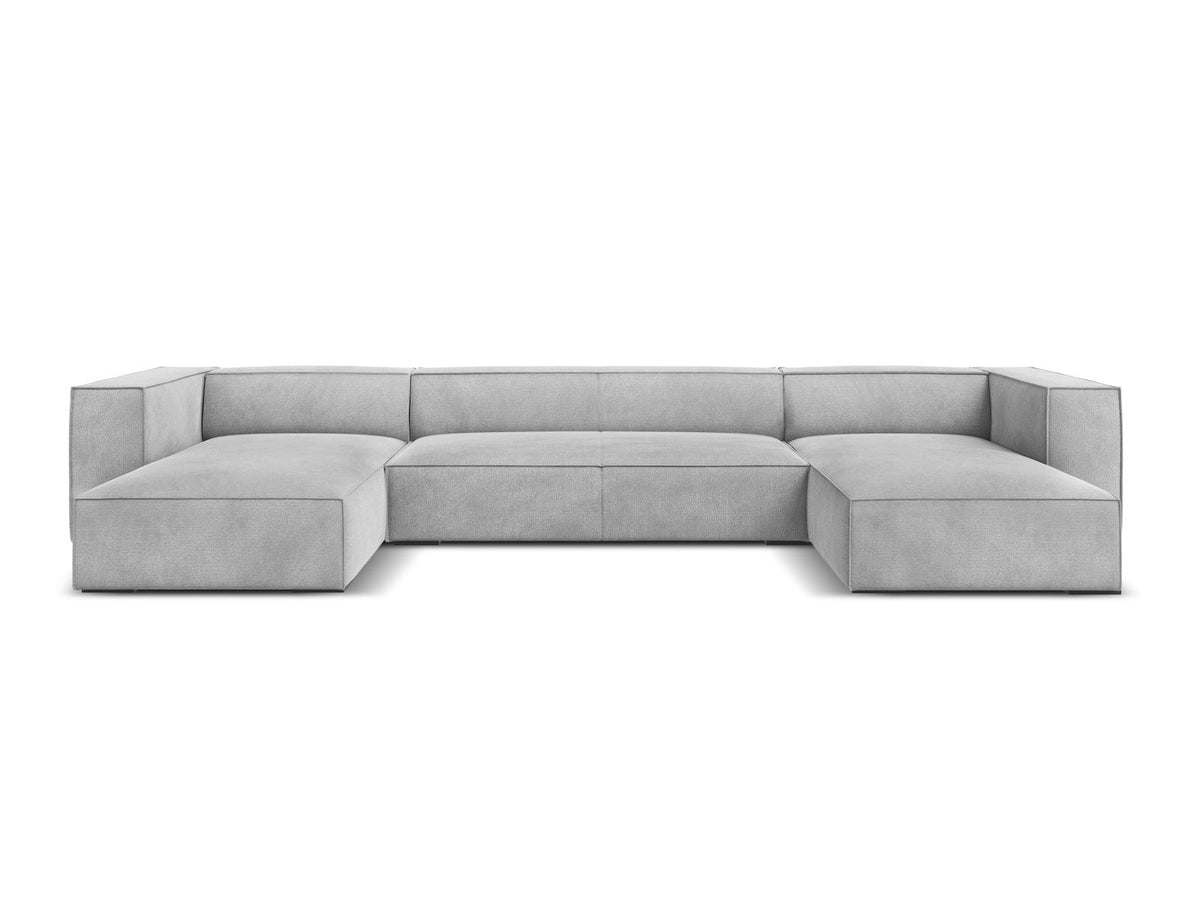 Terracotta-farbenes Panorama-Sofa mit Récamiere, Chenille-Bezug, schwarzen Buchenholzbeinen und Kiefer-Rahmen, sechs Sitzplätze.