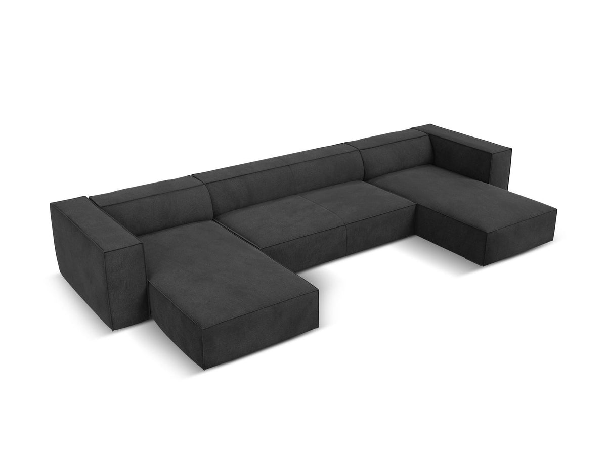 Terracotta-farbenes Panorama-Sofa mit Récamiere, Chenille-Bezug, schwarzen Buchenholzbeinen und Kiefer-Rahmen, sechs Sitzplätze.