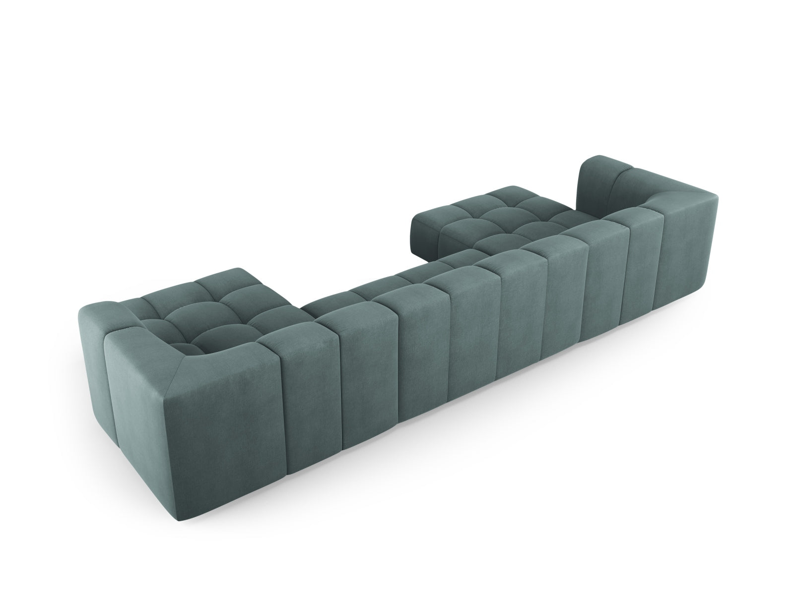 Moderne 5-Sitzer Panoramabank Moritz in ansprechendem Sea Green, perfekt für stilvolle Wohnzimmer und gesellige Abende.