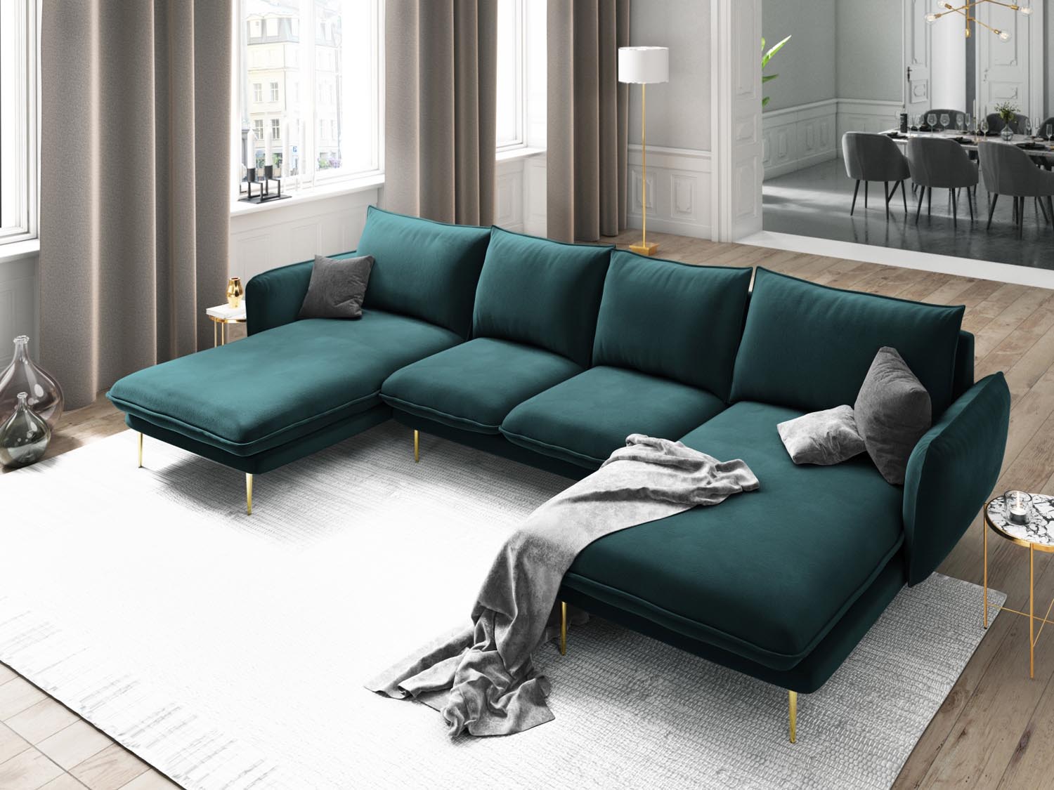 Entdecken Sie das elegante Vienna Velour Panoramic Sofa für 6 Personen. Luxuriöser Veloursstoff und modernes Design für Ihr Wohnzimmer.