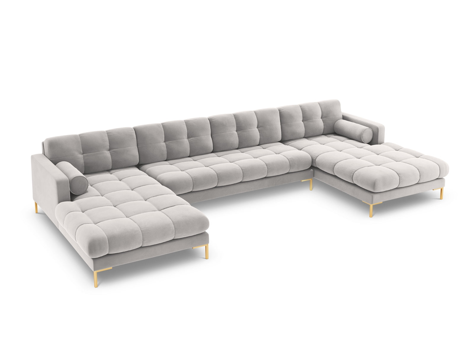 Geräumiges 7-Sitzer Ecksofa Bali in stilvollem Silver-Bluvel, perfekt für gesellige Abende und gemütliche Zusammenkünfte.