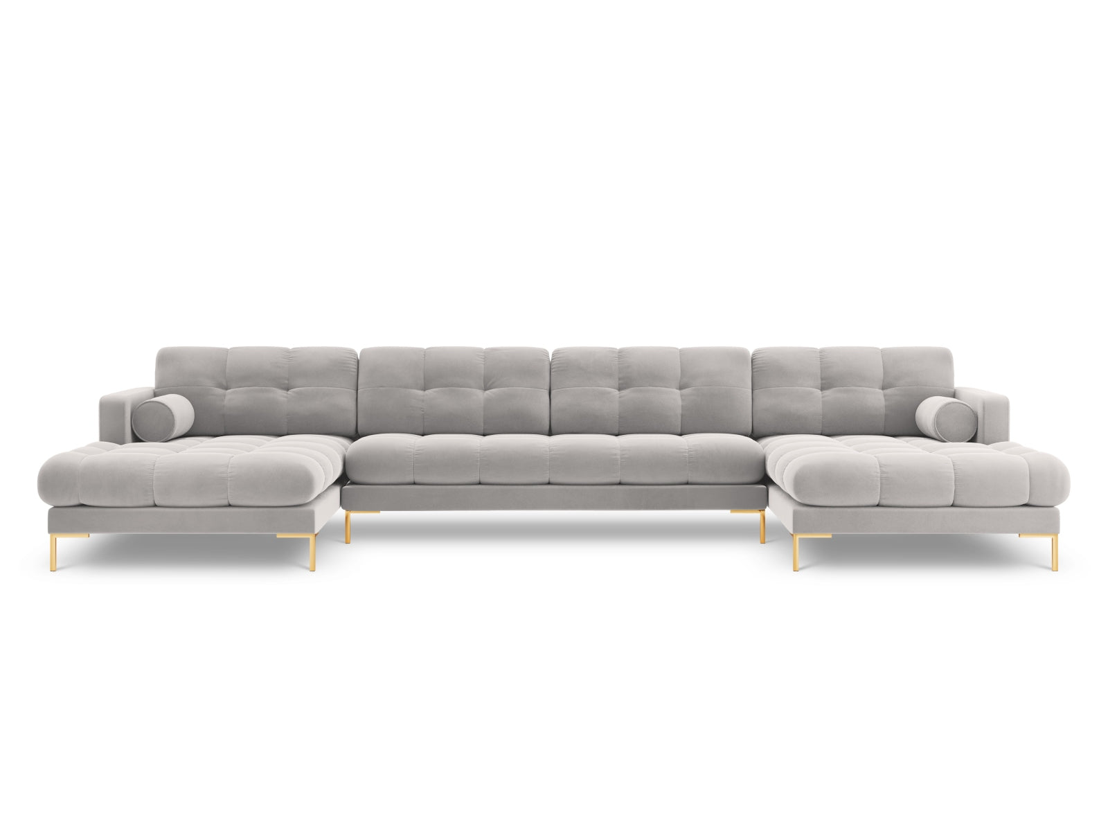 Elegantes 7-Sitzer Panoramic Sofa Bali in modernem Silver-Bluvel, ideal für entspannte Stunden mit Freunden und Familie.