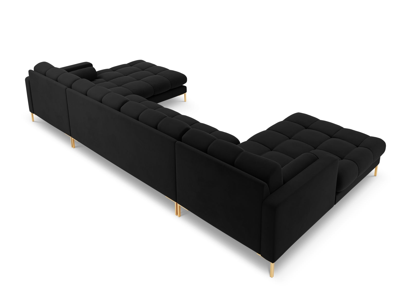 Elegantes 7-Sitzer Ecksofa Bali in stilvollem Black-Bluvel, ideal für gemütliche Abende und gesellige Runden mit Freunden.