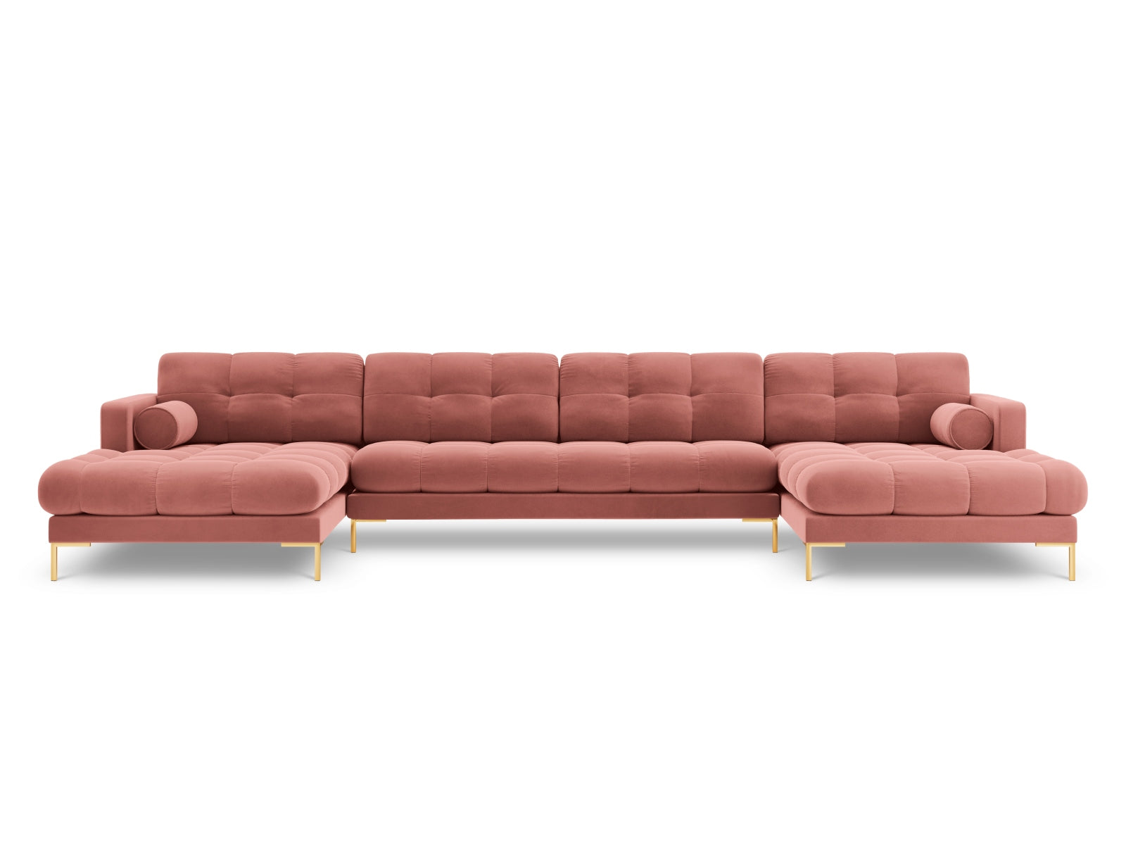 Elegantes 7-Sitzer Ecksofa Bali in modernem Pink-Bluvel, ideal für gemütliche Abende und gesellige Runden mit Freunden.