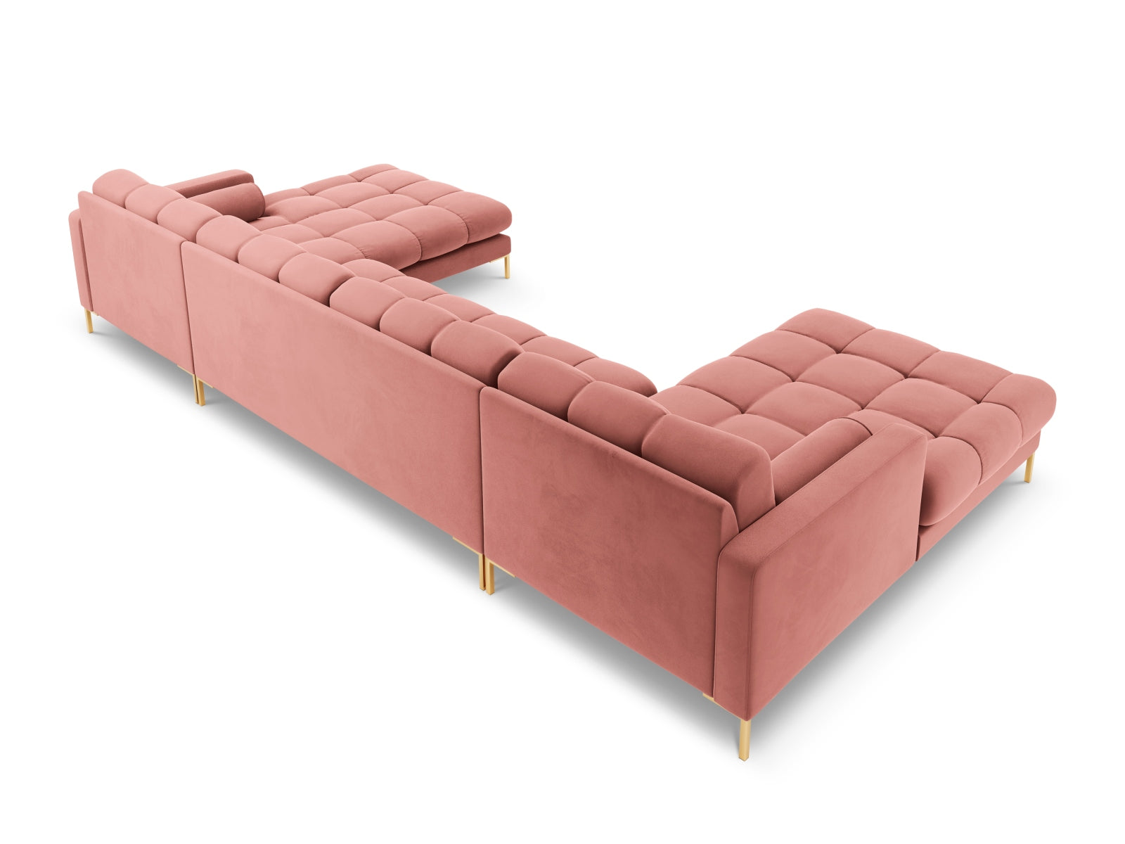Geräumiges 7-Sitzer Ecksofa Bali in modernem Pink-Bluvel, ideal für gemütliche Abende und gesellige Runden mit Freunden.