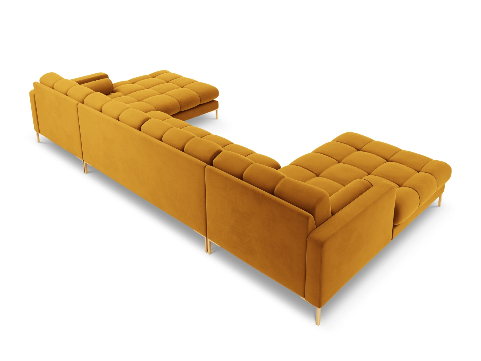 Elegantes 7-Sitzer Ecksofa Bali in leuchtendem Gelb-Bluvel, perfekt für stilvolle Entspannung und gesellige Zusammenkünfte.