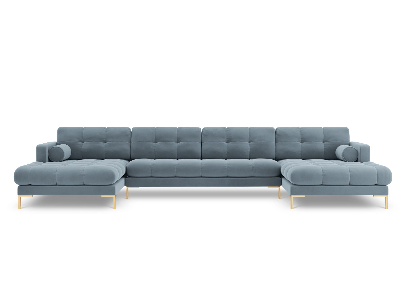 Elegantes 7-Sitzer Ecksofa Bali in sanftem Hellblau, ideal für stilvolle Wohnräume und gesellige Abende mit Freunden.
