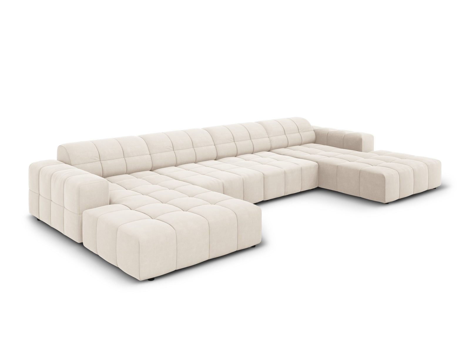Elegantes Chicago Velour Panoramic Sofa für 6 Personen in sanftem Beige, ideal für stilvolle Wohnräume.