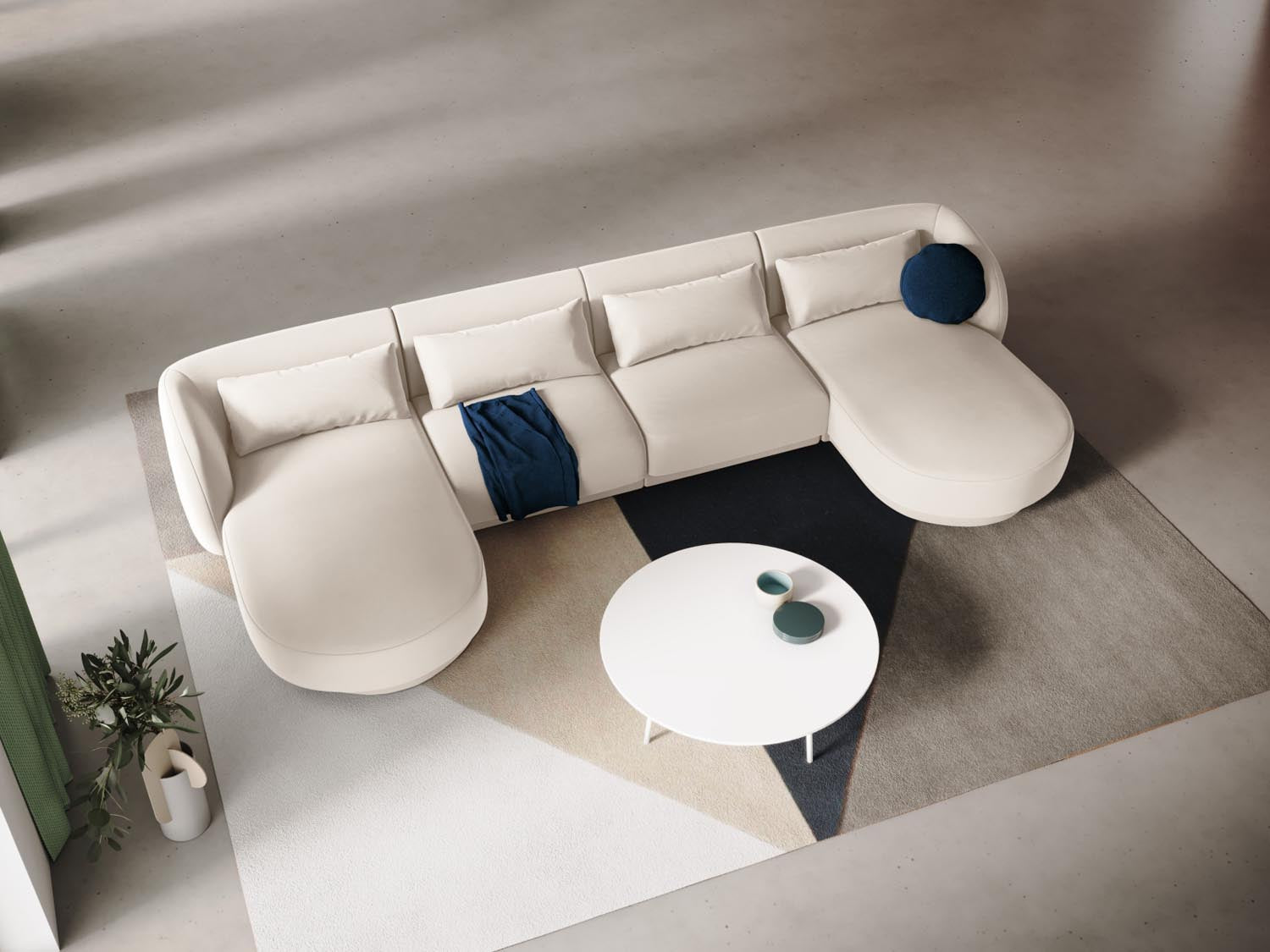 Elegantes Tulum Velour Panoramic Sofa in Light Beige-Bluvel, ideal für stilvolle Wohnräume. Komfortables 5-Sitzer-Design von Cosmopolitan Design.