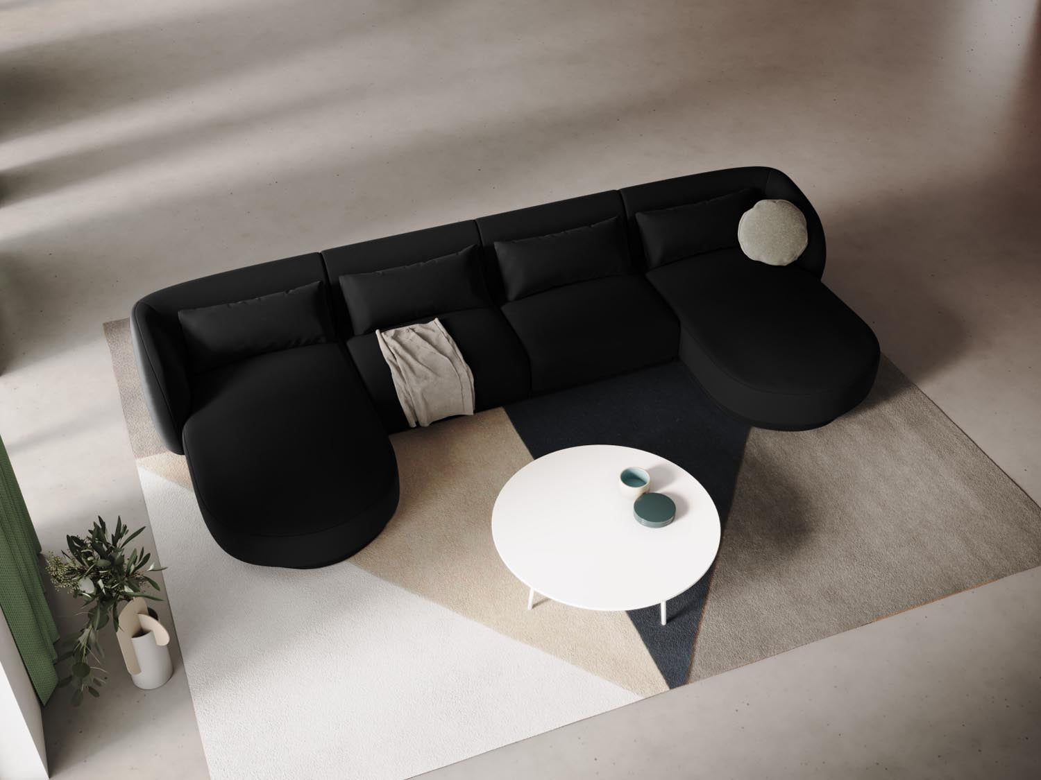Elegantes Tulum Velour Panoramic Sofa in stilvollem Schwarz-Bluvel, ideal für moderne Wohnräume und gemütliche Abende.
