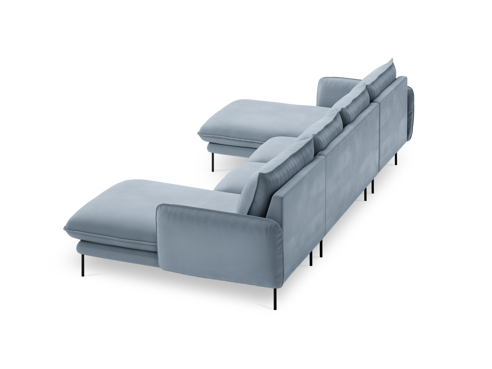 Elegantes 6-Sitzer Velours Sofa in stilvollem Hellblau und Schwarz, ideal für zeitgemäße Wohnräume von Cosmopolitan Design.