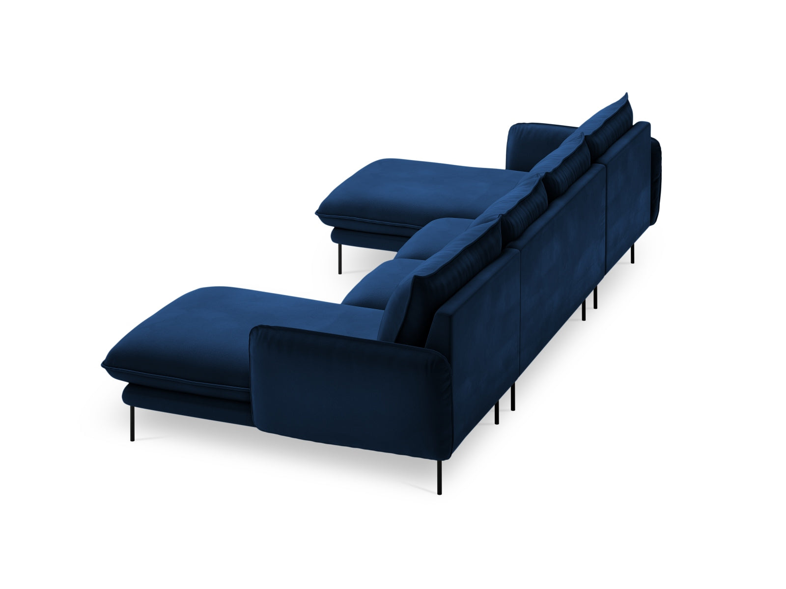 Elegantes 6-Sitzer Sofa in hochwertigem Velours, harmonische Farbkombination aus Royalblau und Schwarz, ideal für stilvolle Wohnräume.