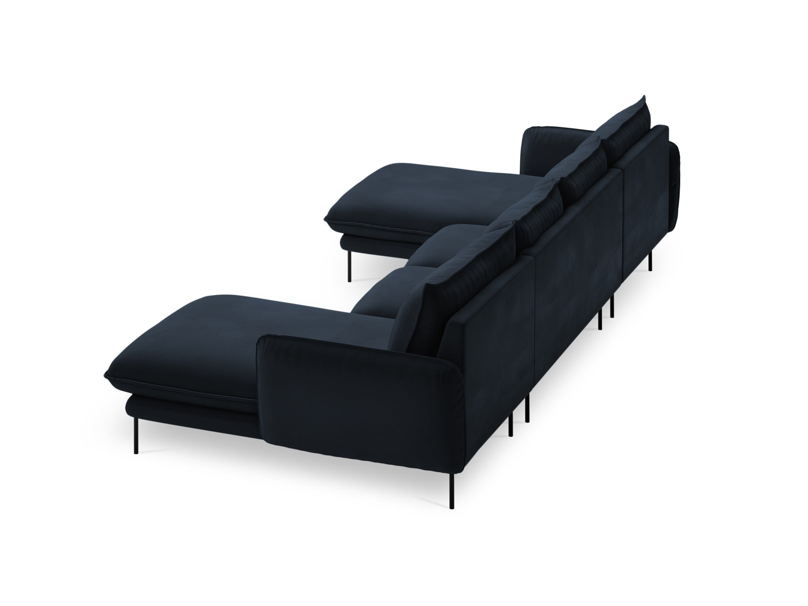 Elegantes 6-Sitzer Panoramasofa aus weichem Velours in stilvollem Blau, ideal für einladende Wohnräume, entworfen von Cosmopolitan Design.
