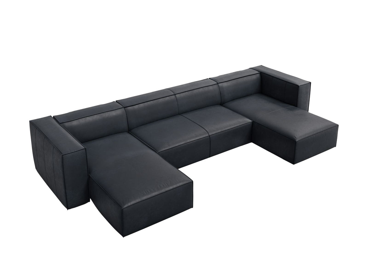 Panorama-Sofa Turin aus Rindsleder in Grau-Braun mit Récamiere, Massivholzrahmen und Beinen aus schwarzem Buchenholz, 375 cm breit.