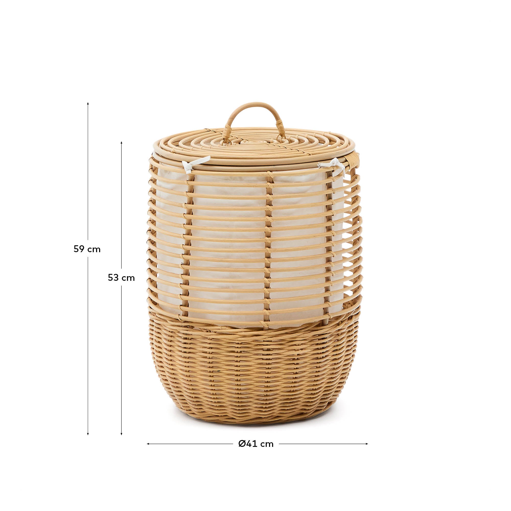Eleganter Wäschekorb Liora aus Rattan, 59 cm hoch, ideal für Wäscheaufbewahrung und als stilvolles Wohnaccessoire.