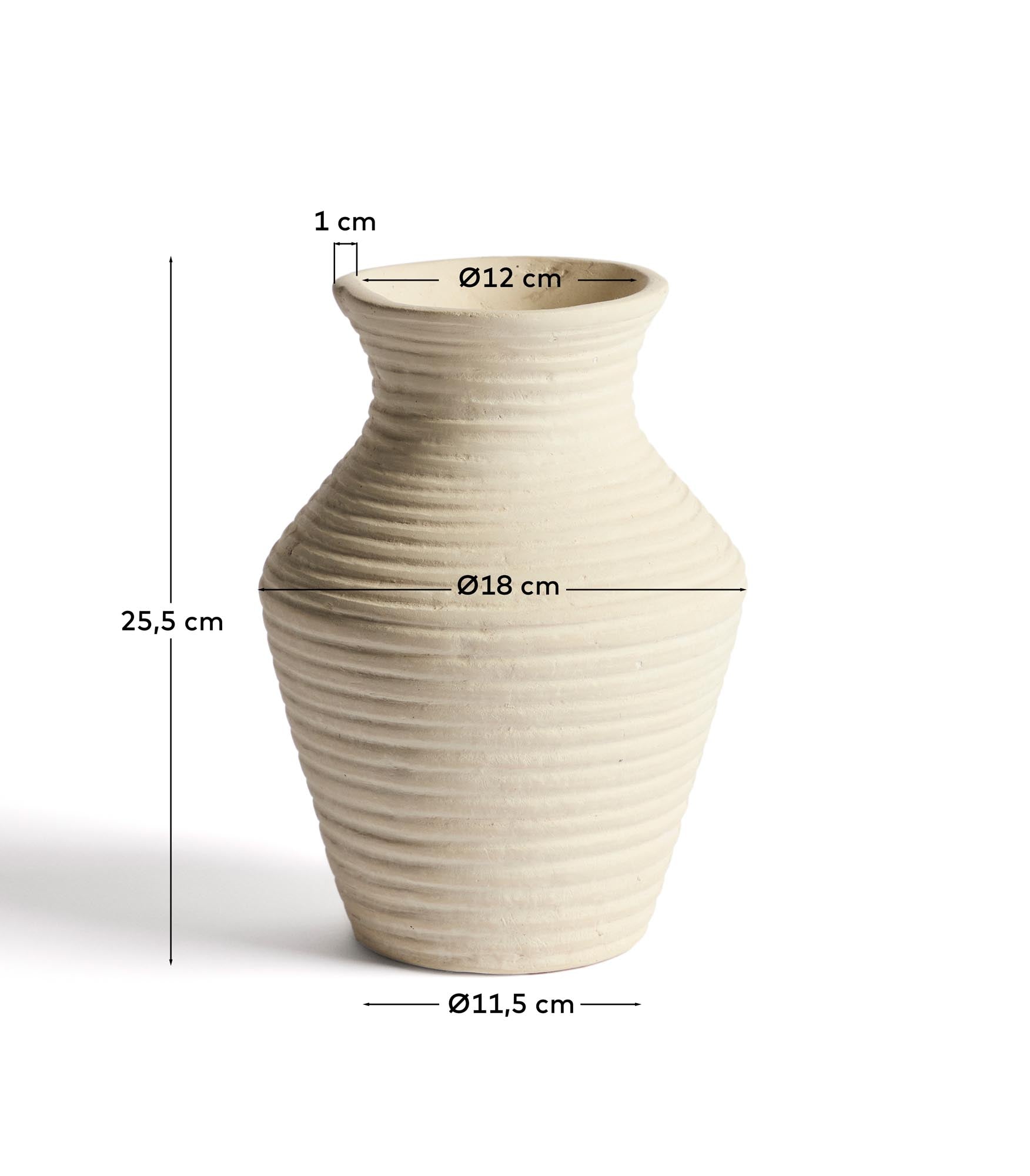 Elegante beige Vase aus Pappmaché Pria, 25 cm hoch, ideal für moderne Wohnräume und kreative Blumenarrangements.
