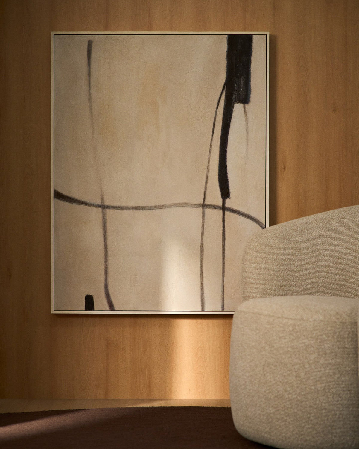 Abstraktes Wandbild Meril in Beige, Hellbraun und Ecru aus Kiefernholz und Segeltuch mit strukturierter Oberfläche, 80 x 100 cm.