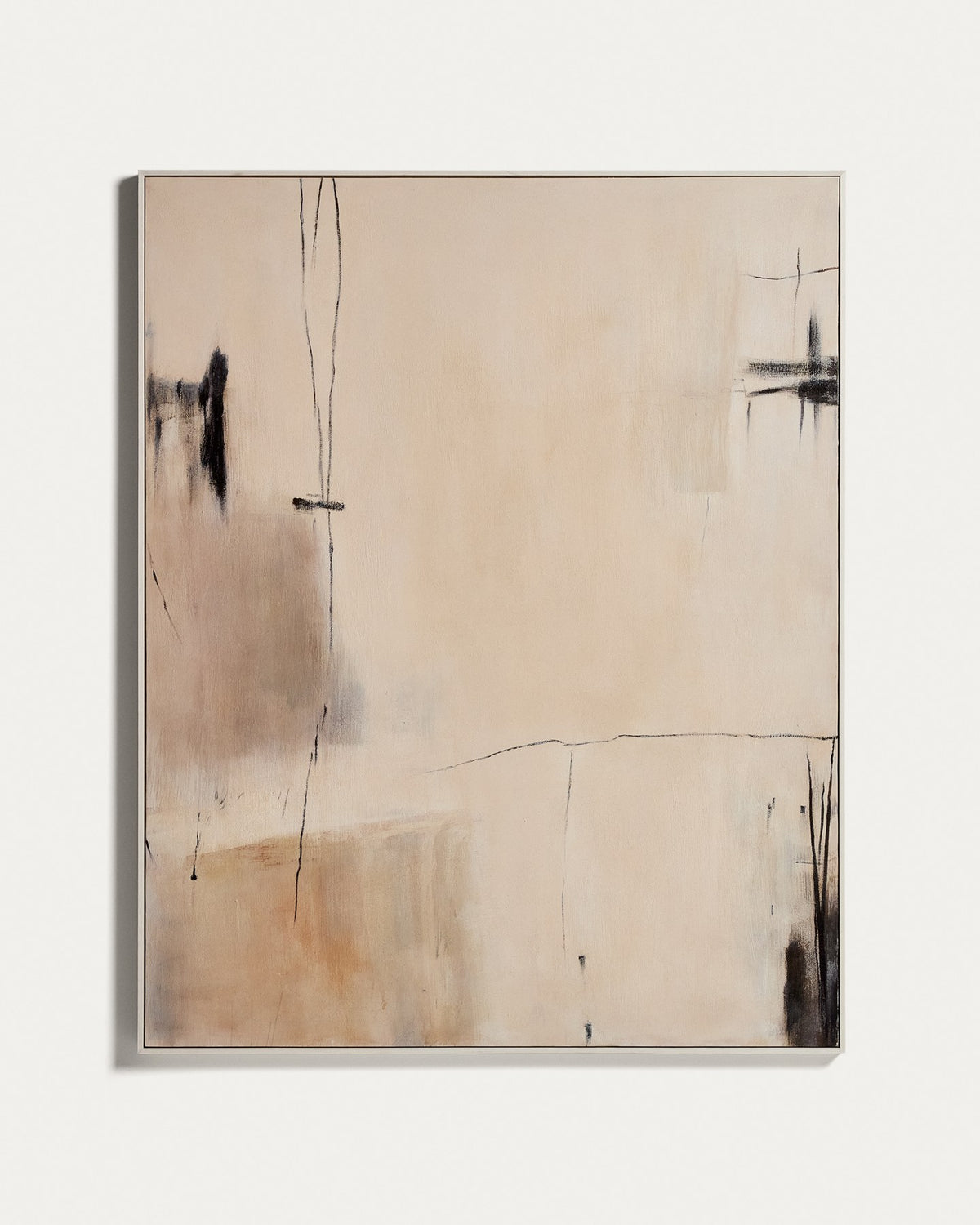 Abstraktes Bild Meril in Beige, Hellbraun und Ecru mit Reliefstruktur, Rahmen aus Kiefernholz und Segeltuch, Grösse 120 x 150 cm.