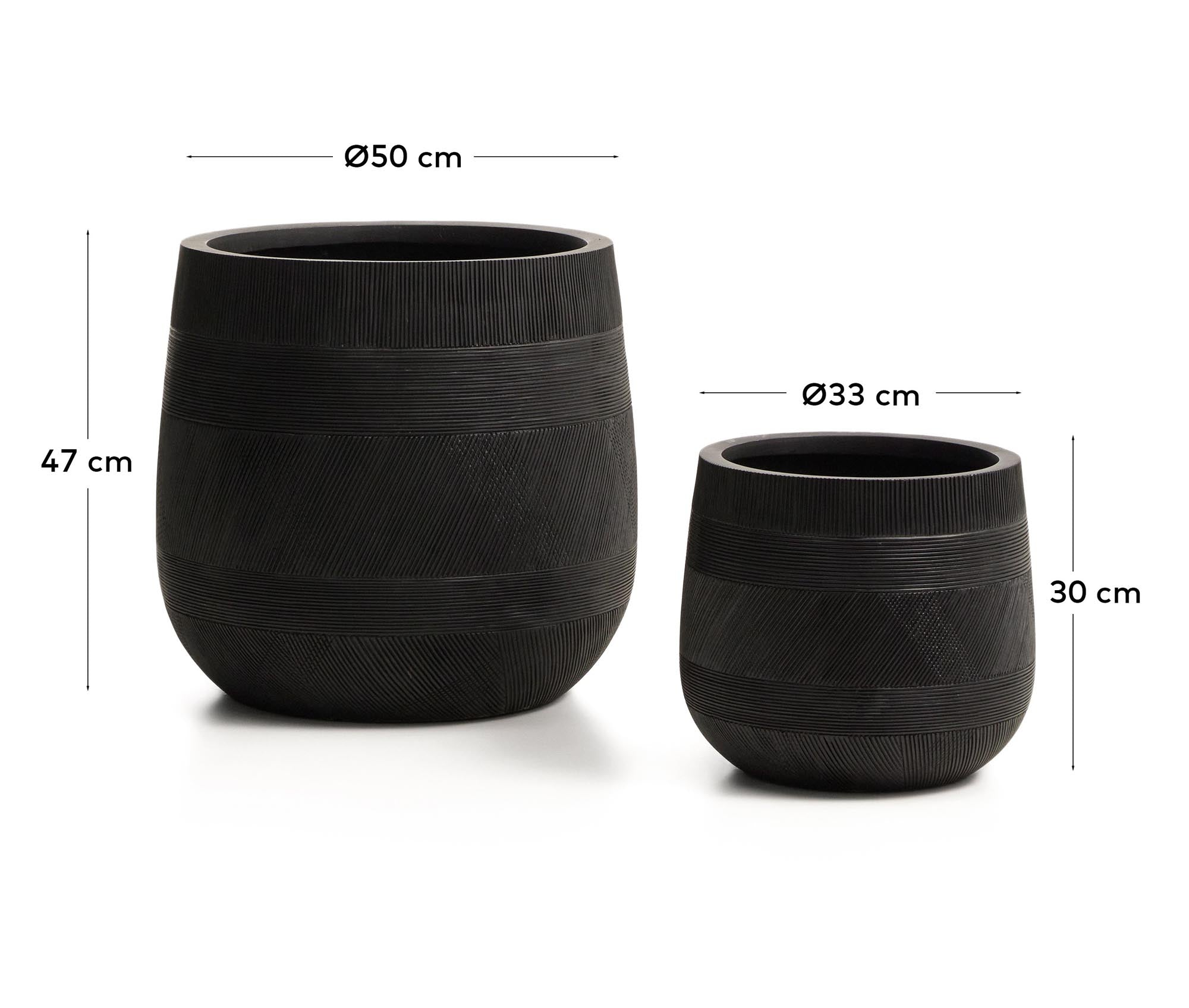 Elegantes Tival Set bestehend aus zwei schwarzen Blumentöpfen in Zement-Optik, ideal für die Gartengestaltung, Durchmesser 50 cm und 34 cm.