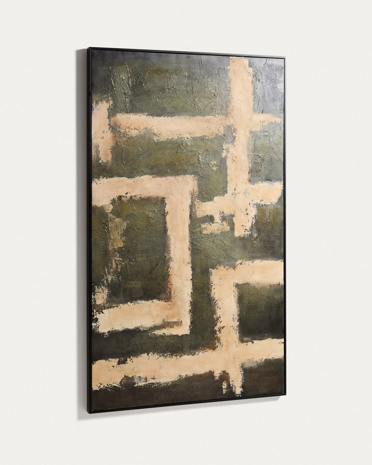 Abstraktes Wandbild Emeri aus Kiefernholz und Segeltuch in Oliv- und Beigetönen, handgemalt, Masse 120 x 200 cm, dunkelgrüner Farbton.