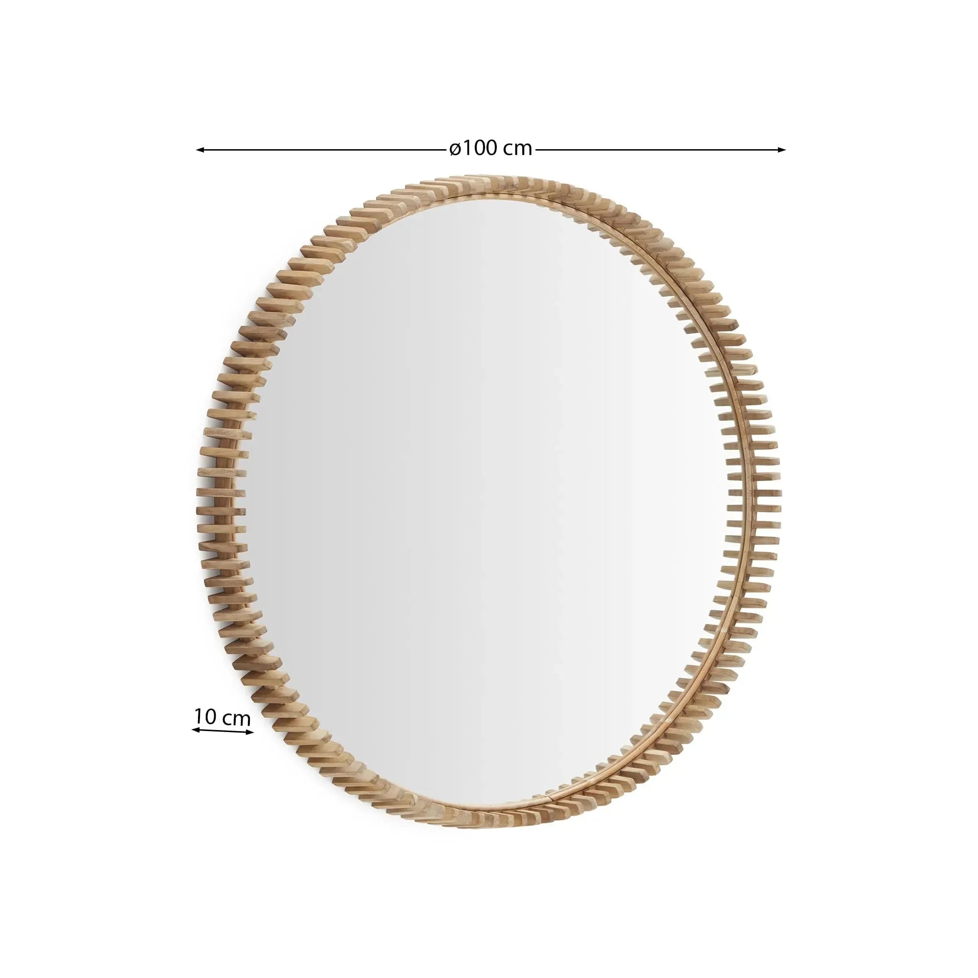 Eleganter runder Spiegel aus hochwertigem Teakholz, Ø 100 cm, von Kave Home – perfekt für stilvolle und zeitgemäße Inneneinrichtungen.