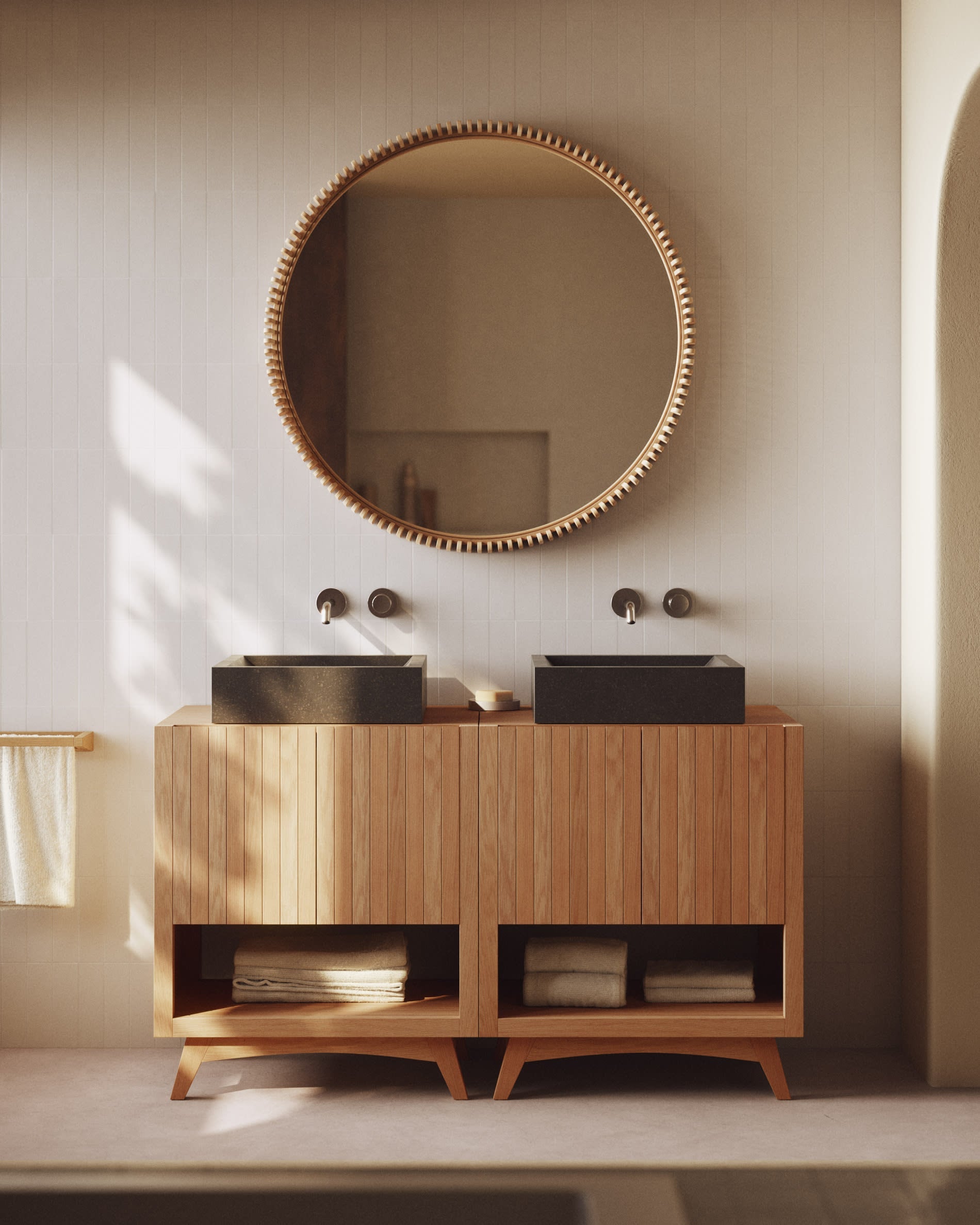 Eleganter runder Spiegel aus hochwertigem Teakholz, Ø 100 cm, von Kave Home – ideal für moderne und stilvolle Wohnräume.