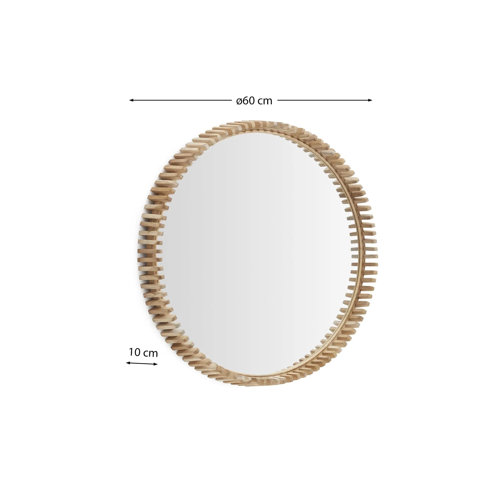 Eleganter runder Spiegel mit Teakholzrahmen, 60 cm Durchmesser, perfekt für stilvolle und natürliche Wohnraumgestaltung.
