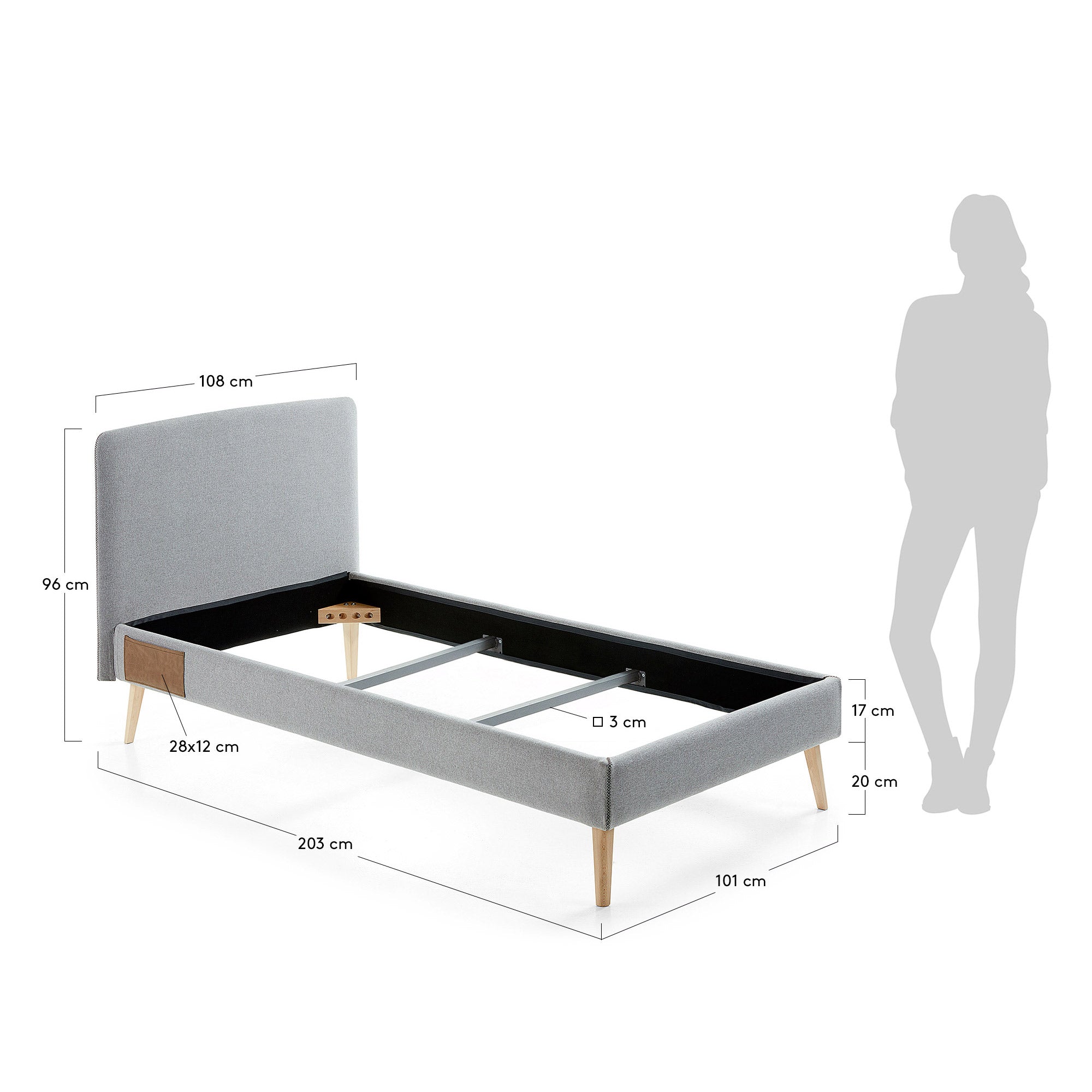 Elegantes Dyla Bett von Kave Home in hellgrau, abnehmbarer Bezug und stabile Buchenbeine, ideal für Matratzen 90 x 190 cm – stilvoll und praktisch.