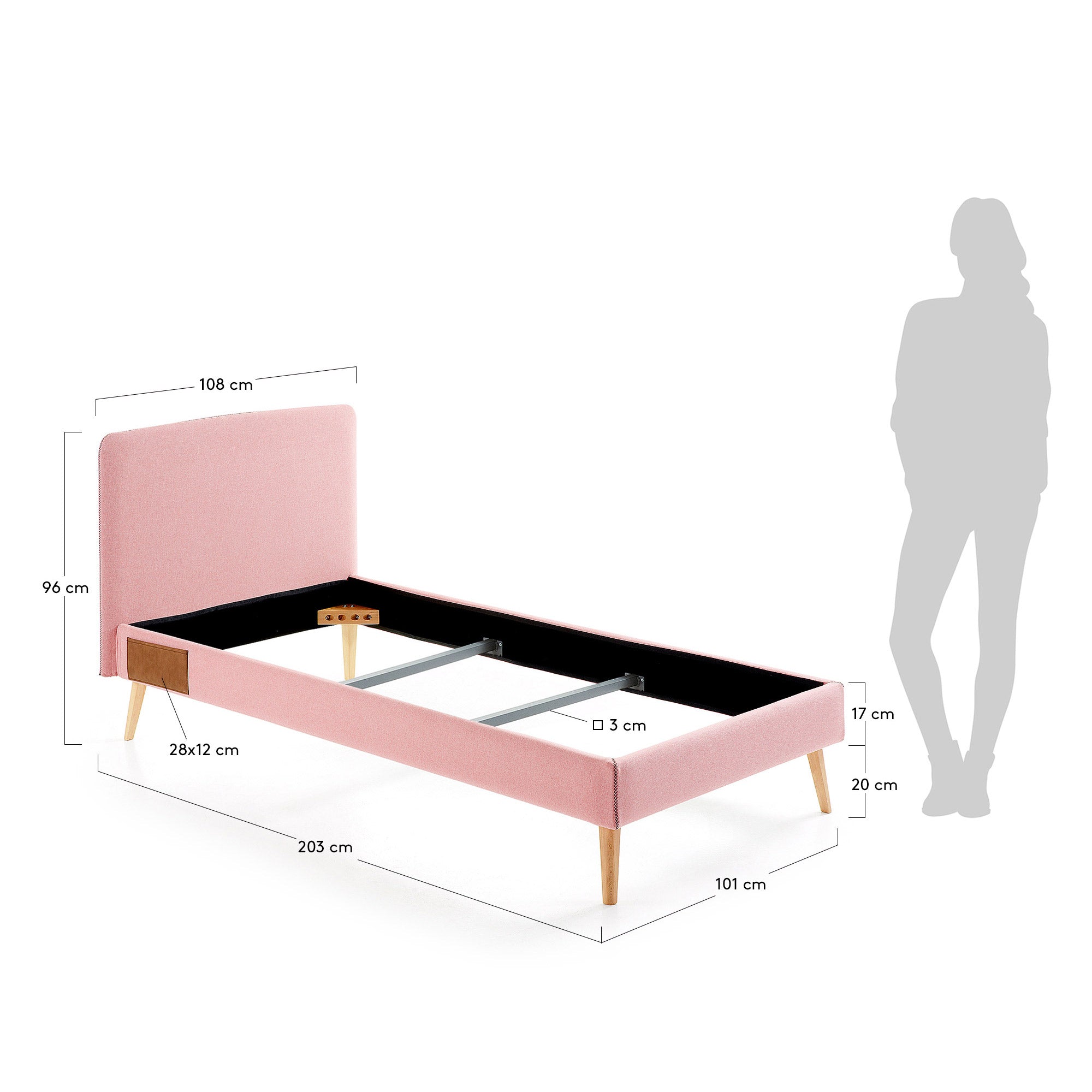 Entdecken Sie das Dyla Bett von Kave Home: eleganter rosa Bezug, robuste Buche und pflegeleichter abnehmbarer Bezug für stilvollen Schlaf.