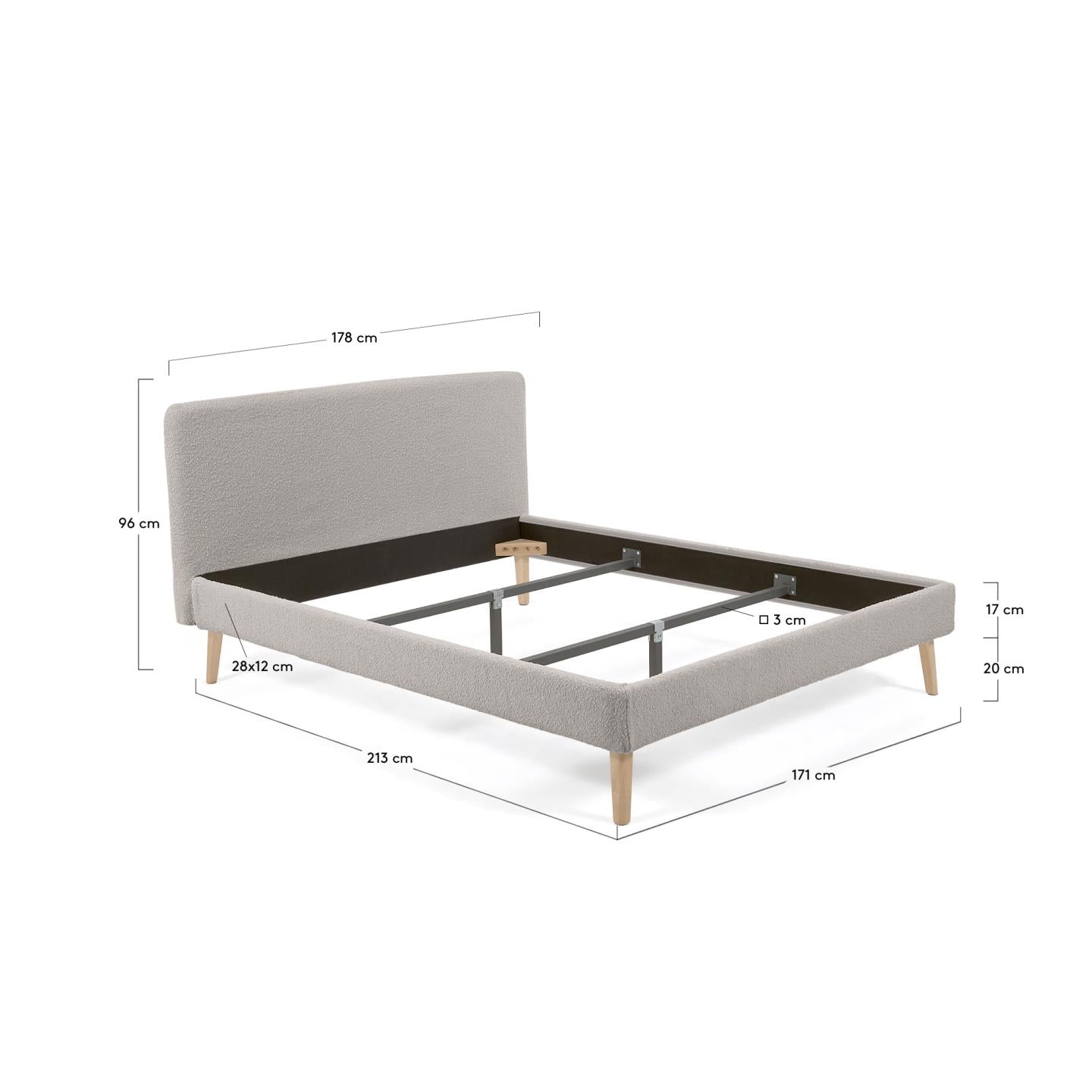 Elegantes Dyla Bett in hellgrauem Bouclé, 160x200 cm, mit Massivholzrahmen und abnehmbaren Bezügen für stilvollen Komfort.