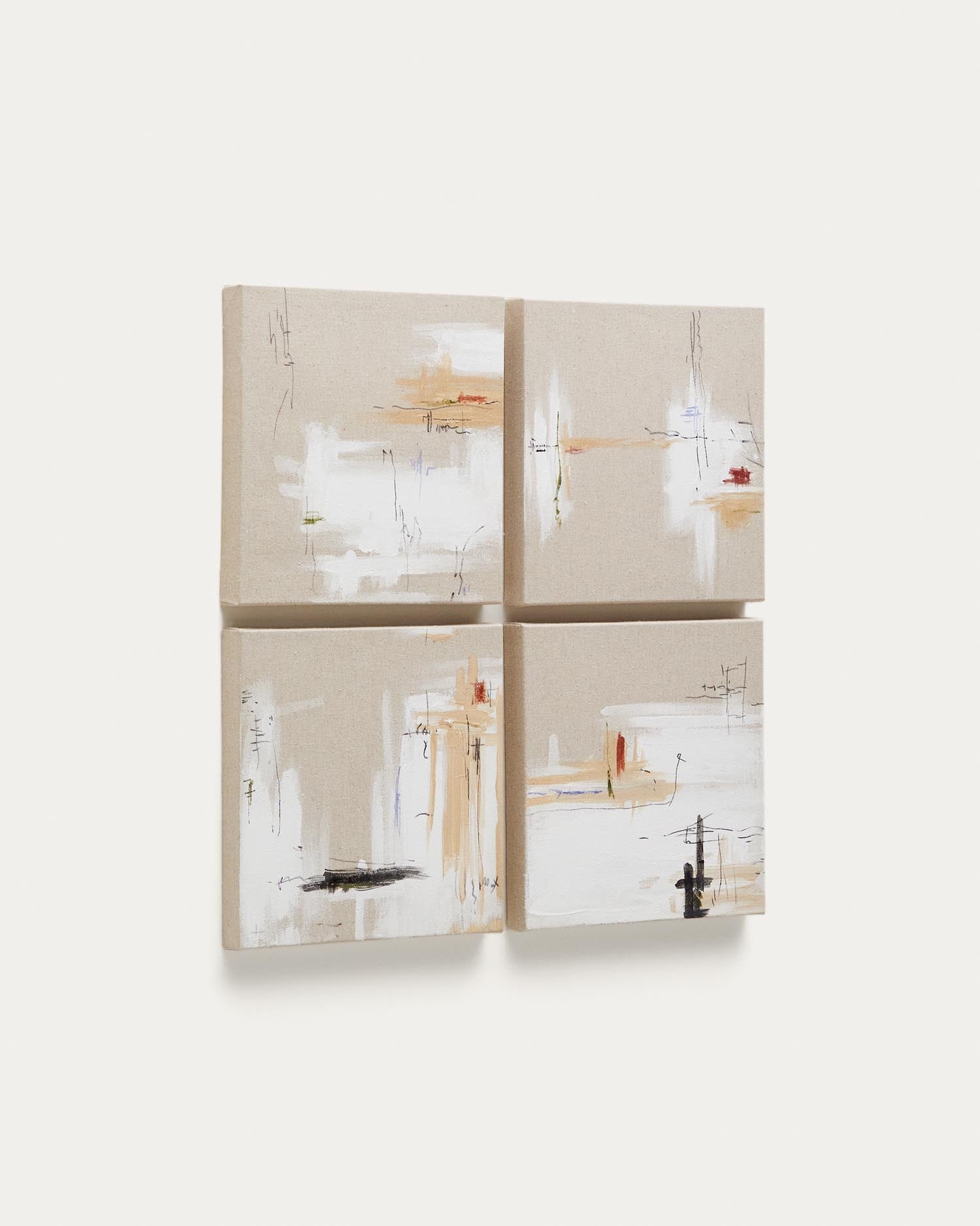 Elegantes 4er Set Leinwandbilder in Weiß und Beige, 30x30 cm. Harmonische Farben, vielseitig, ideal für moderne Räume.