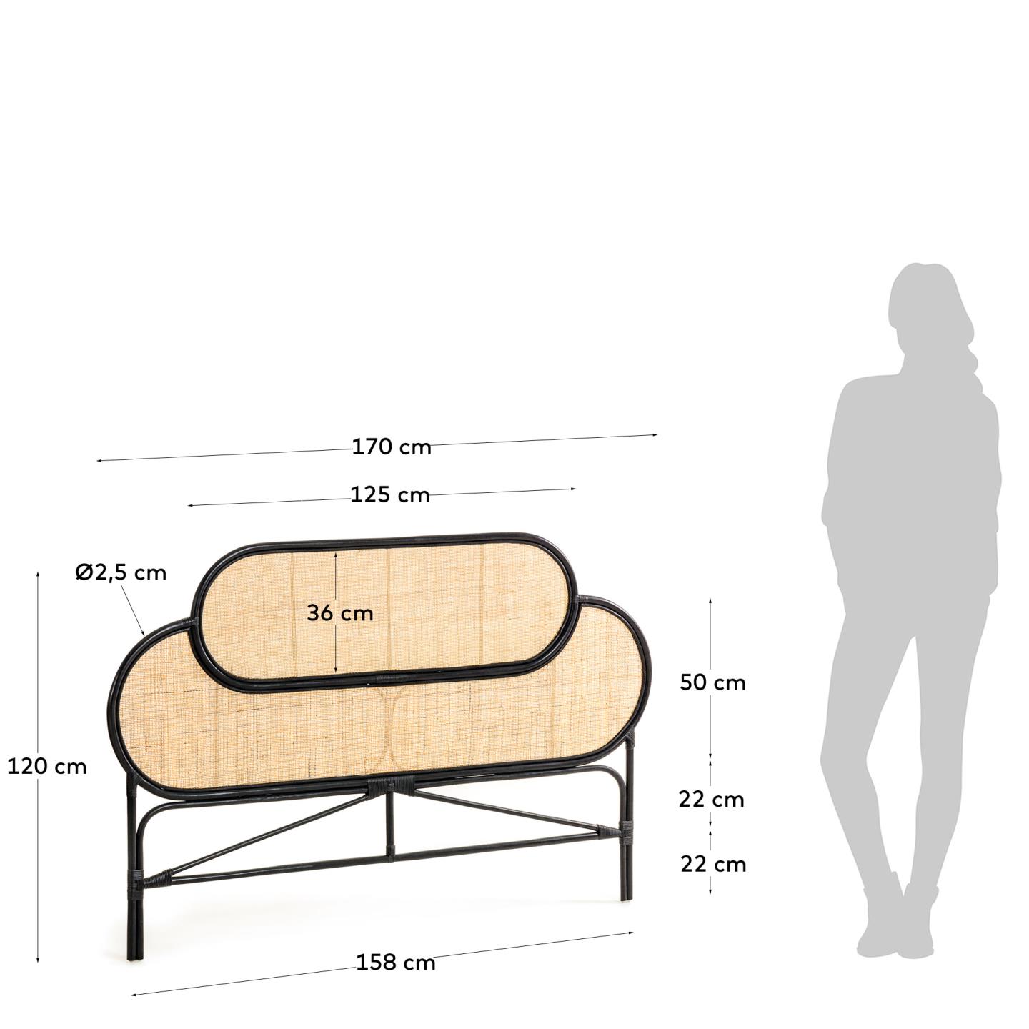 Elegantes Rattan-Kopfteil Lalita in Schwarz von Kave Home, passend für 160 cm Betten. Modernes Design, hochwertige Verarbeitung.